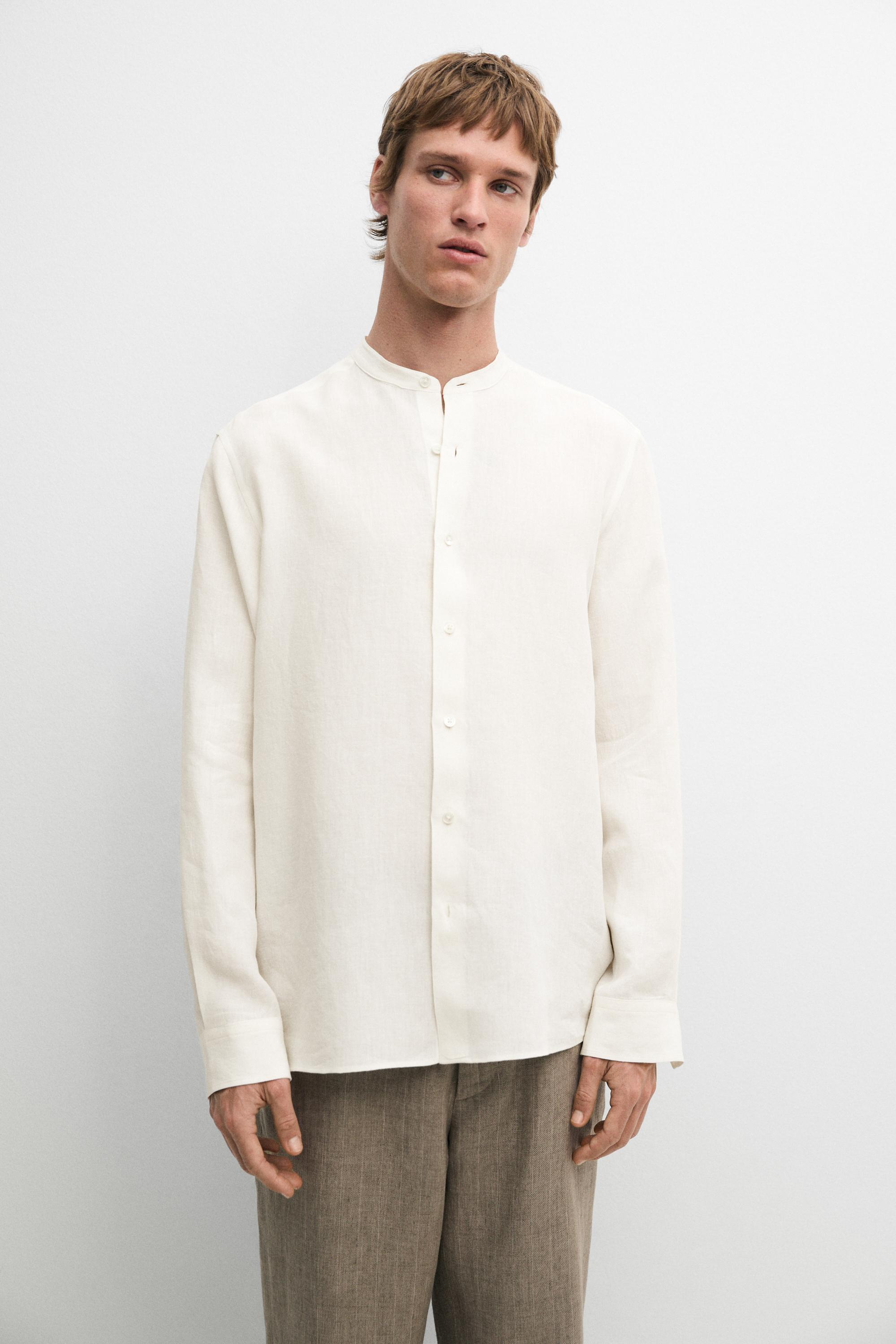 100% linen regular fit shirt with stand collar — CREAM