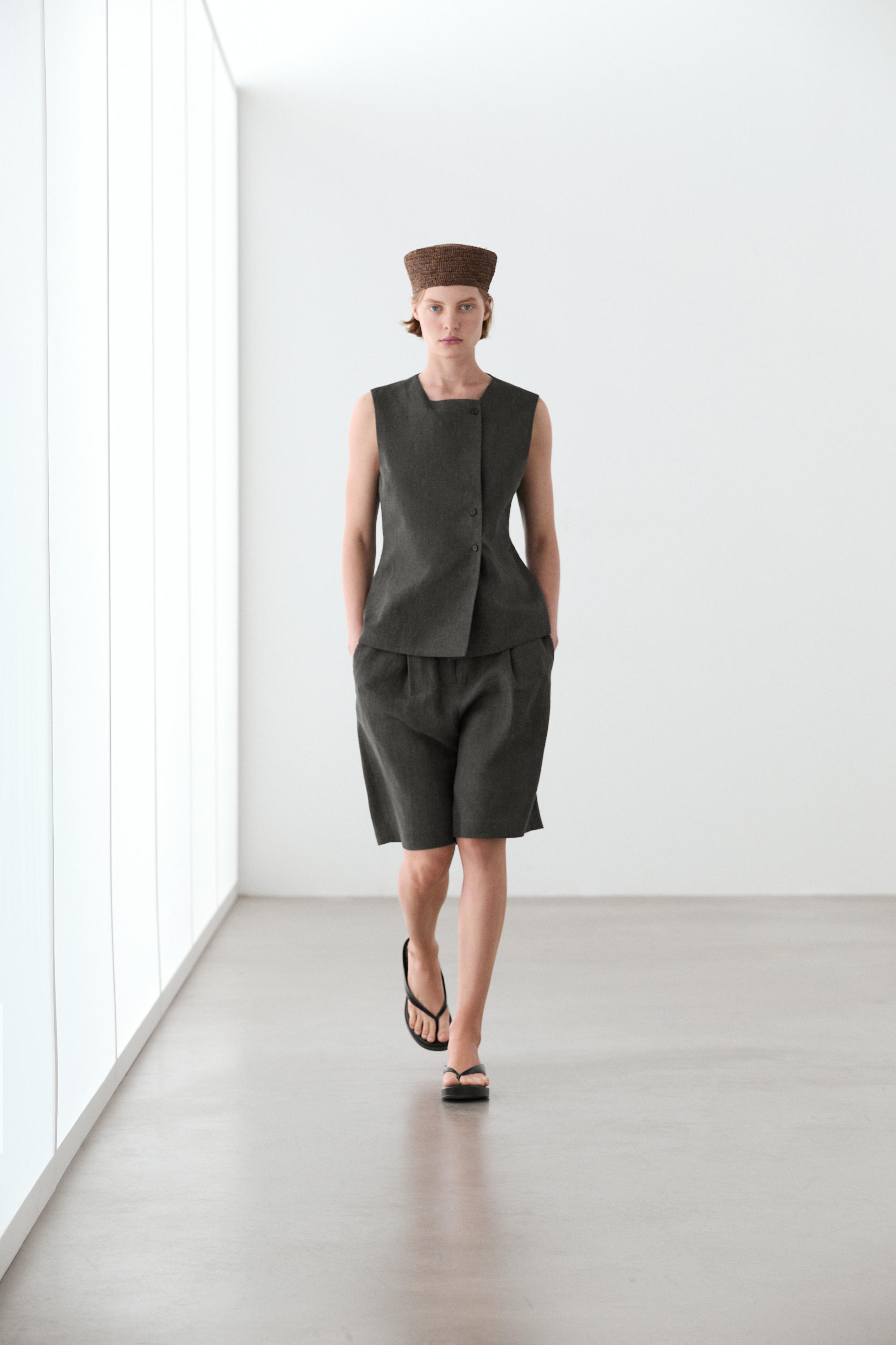 Melange linen double-breasted waistcoat with buttons — BLUISH GREEN