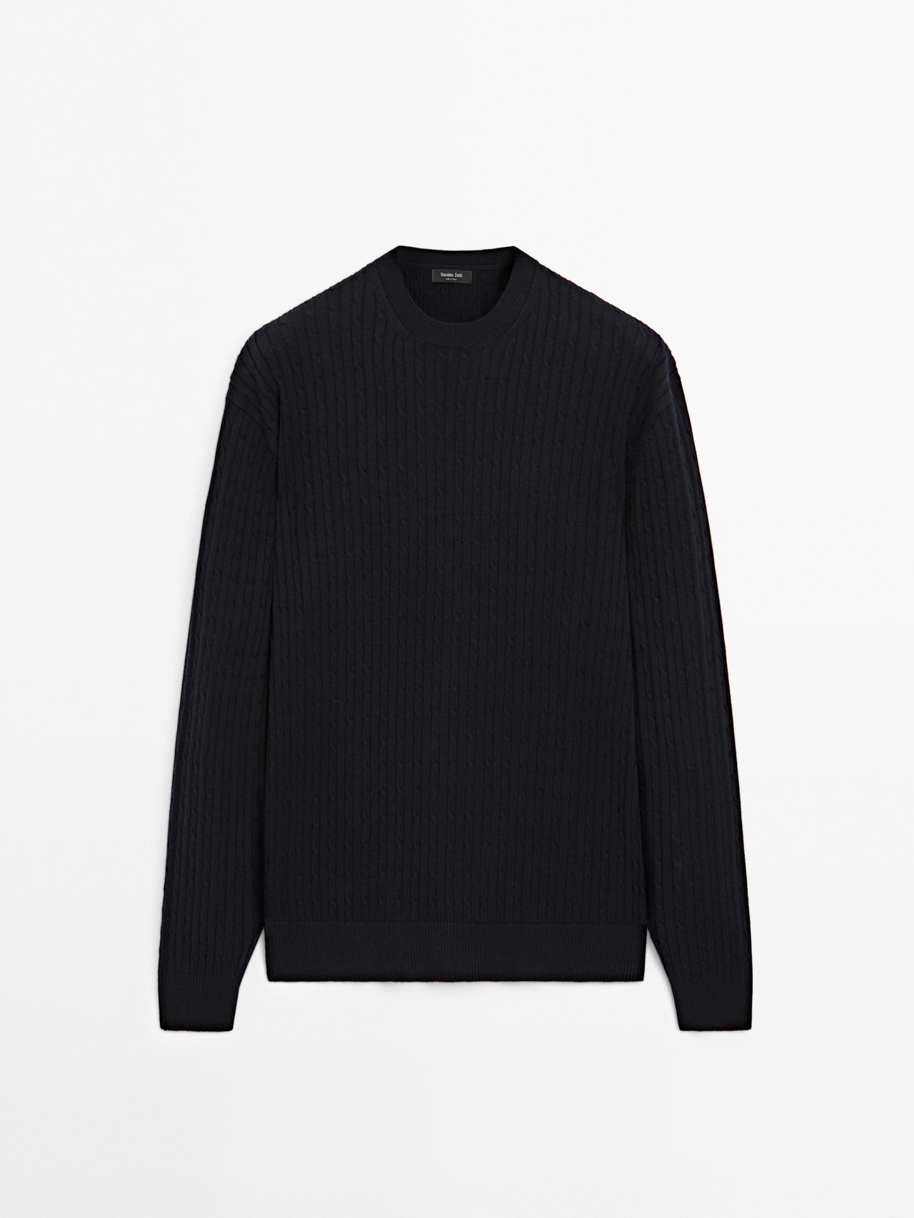 Massimo Dutti - Herre - Kabelstrikket Trøje I Bomuldsblanding - Marineblå - Xl
