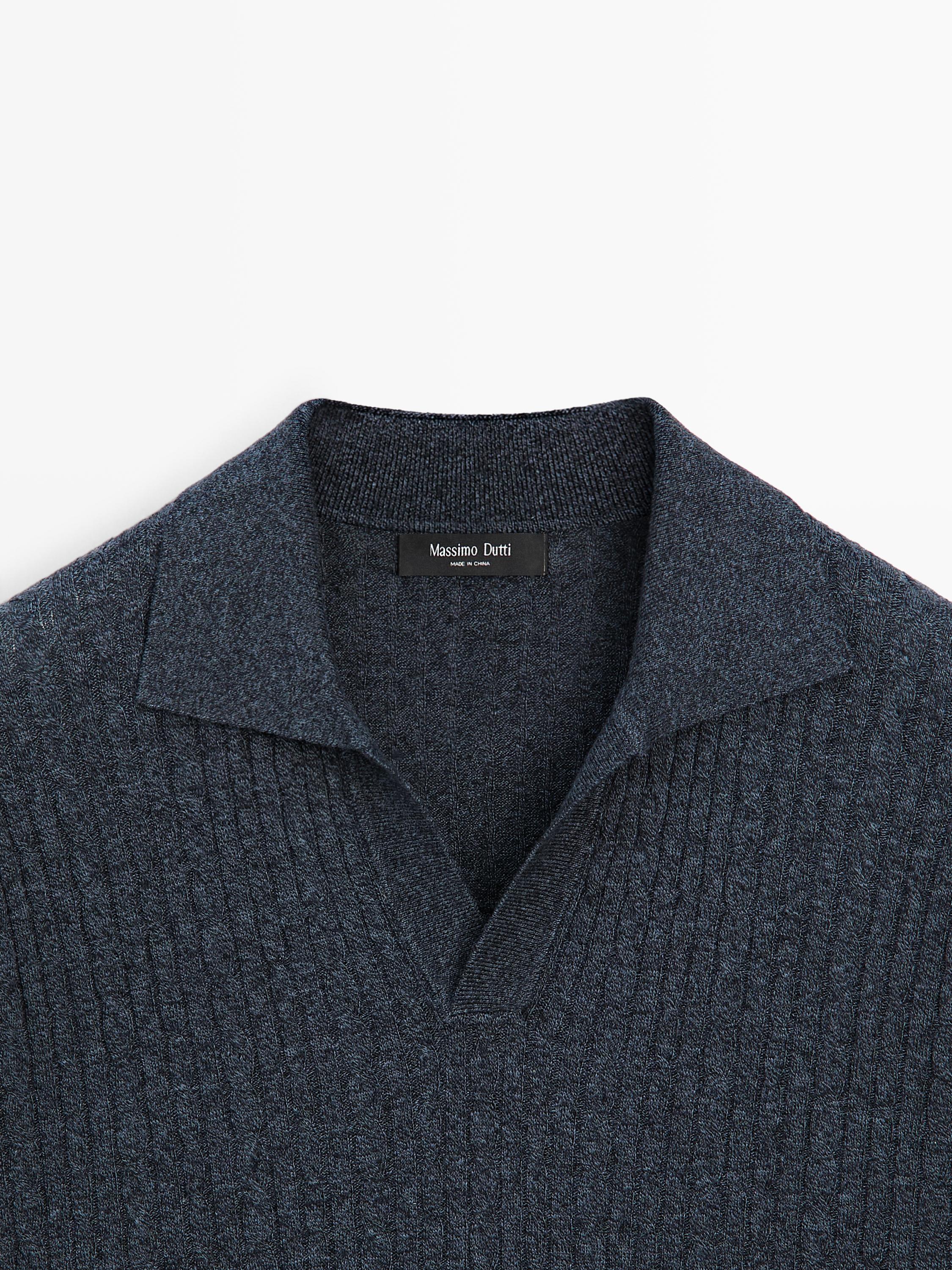 Short sleeve knit polo shirt with cable-knit detail — NAVY BLUE