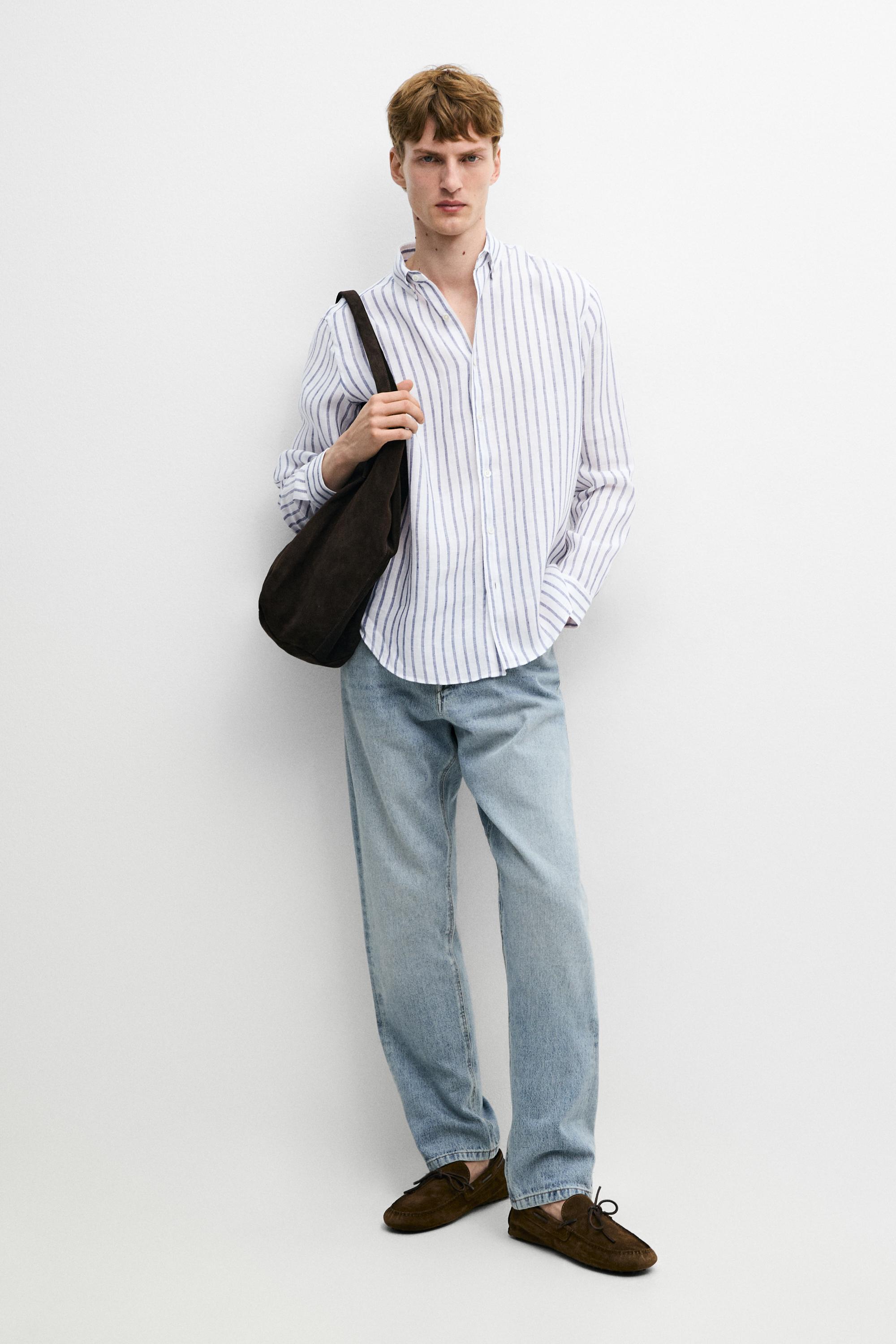 100% linen striped shirt — DARK BLUE