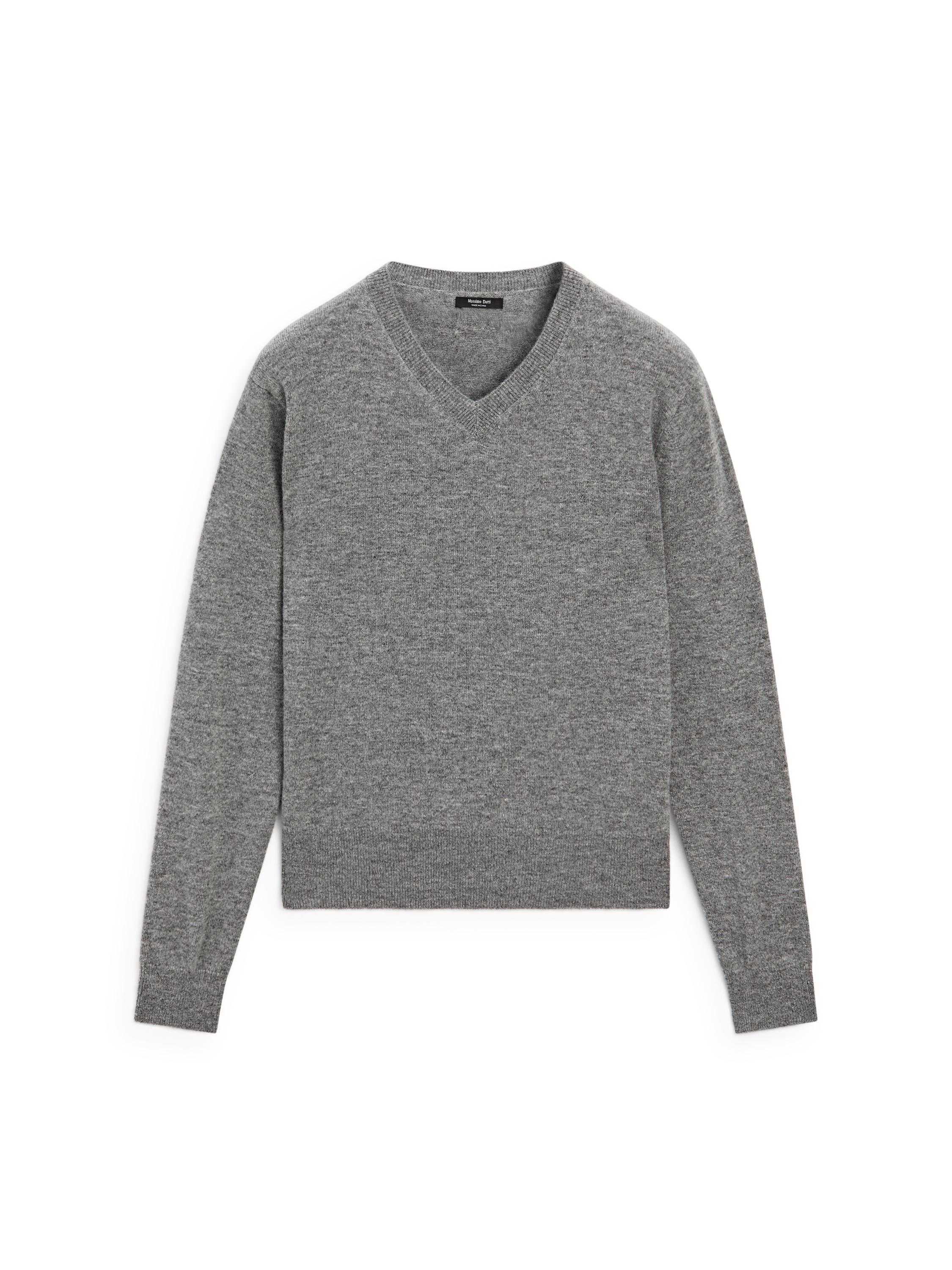 Wool blend knit V-neck sweater — GREY MARL