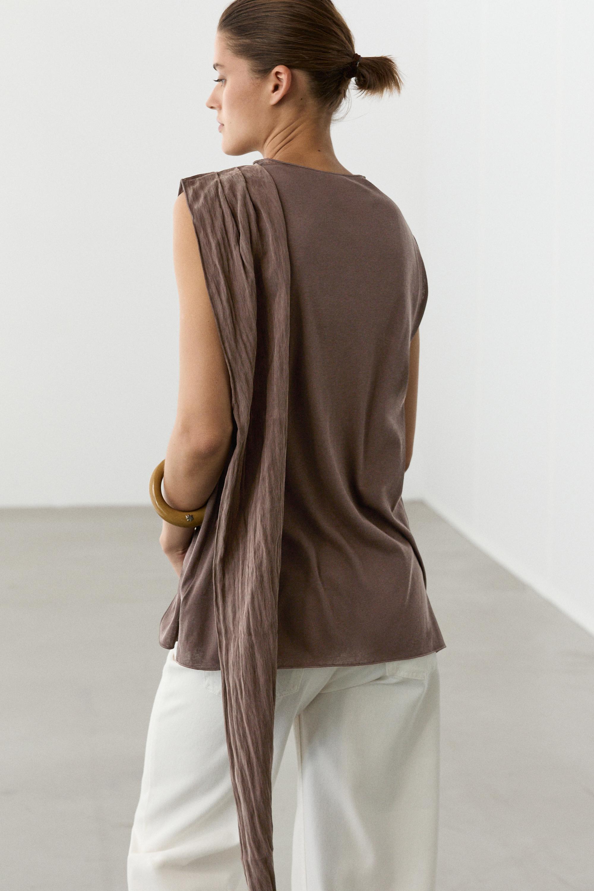 Crossover top with shoulder scarf detail — BROWN