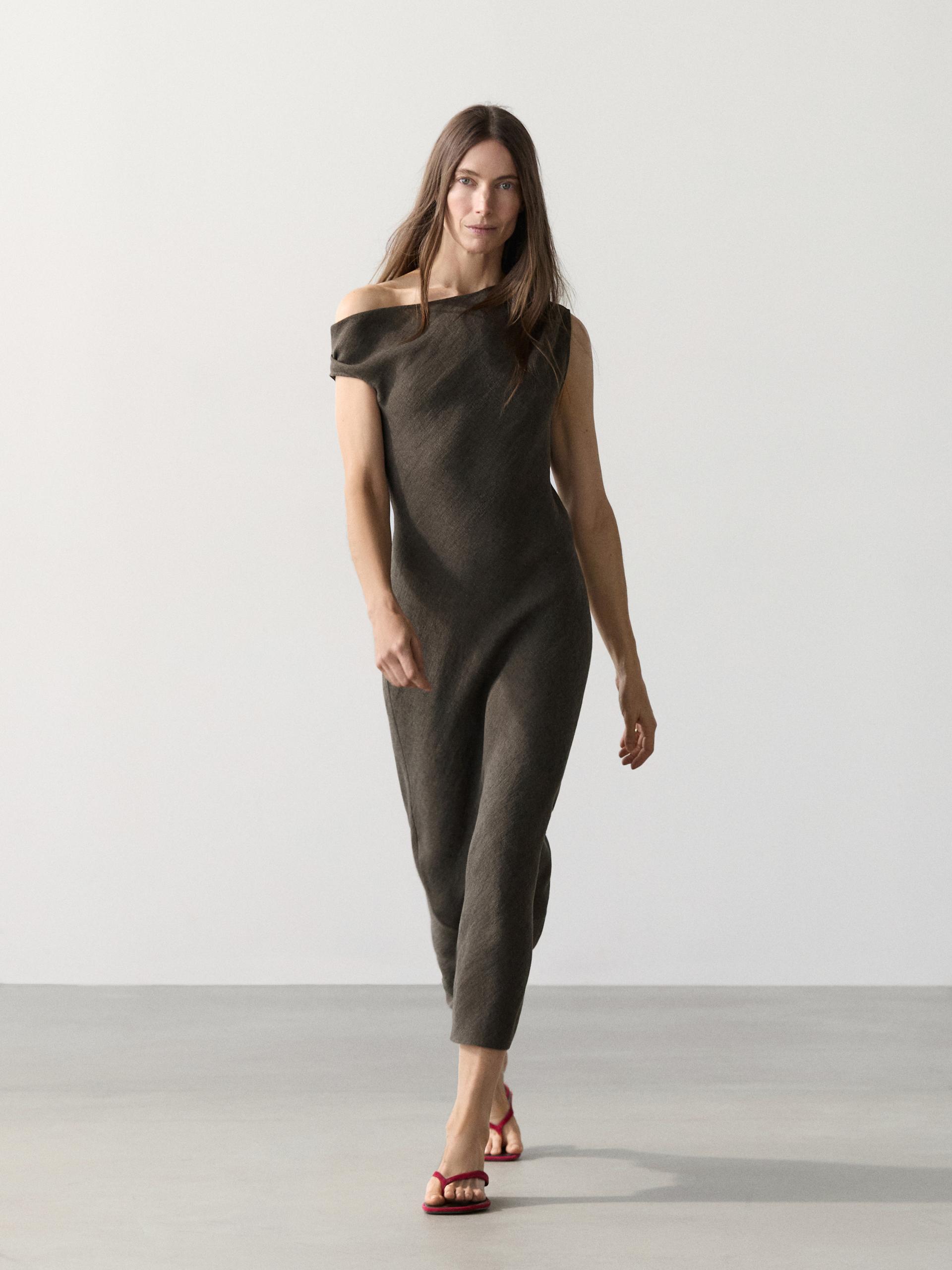 Vestito Midi Con Dettaglio Sulla Spalla 100% Lino - Grigio - Xs - Massimo Dutti - Femminile