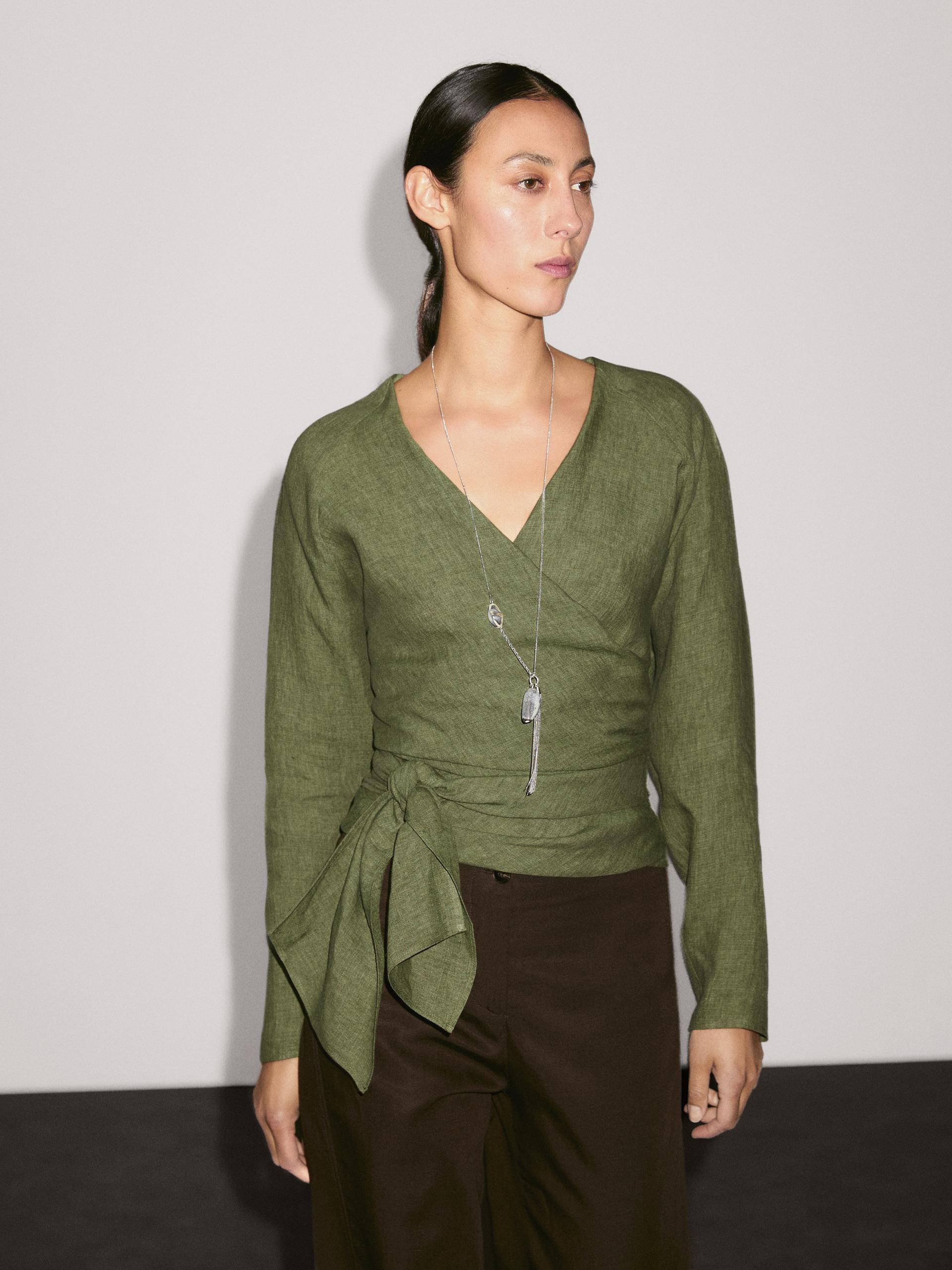 Massimo Dutti Flowing Linen Blouse With Tie Detail At The Waist In Gray