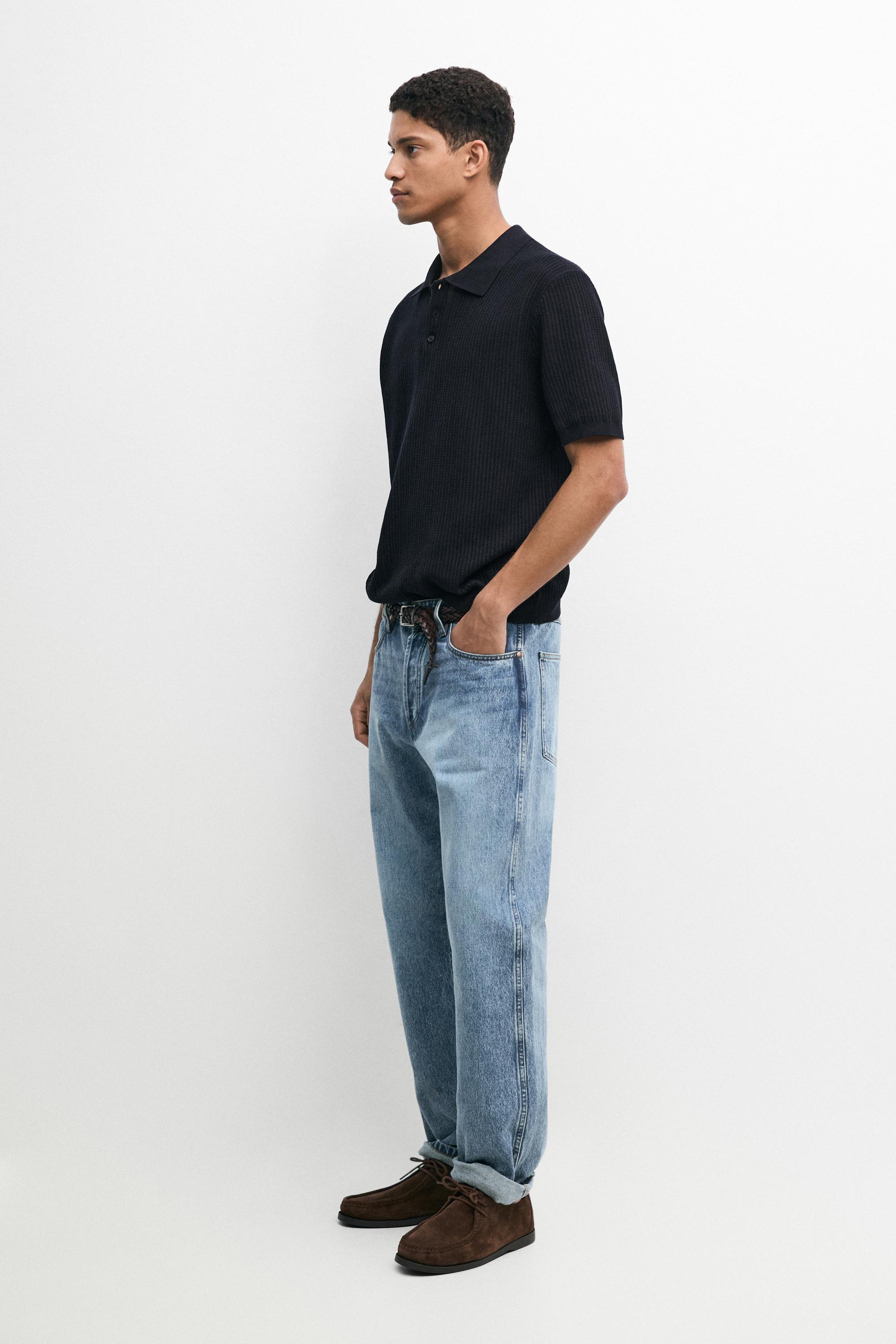 100% cotton textured knit polo sweater — NAVY BLUE