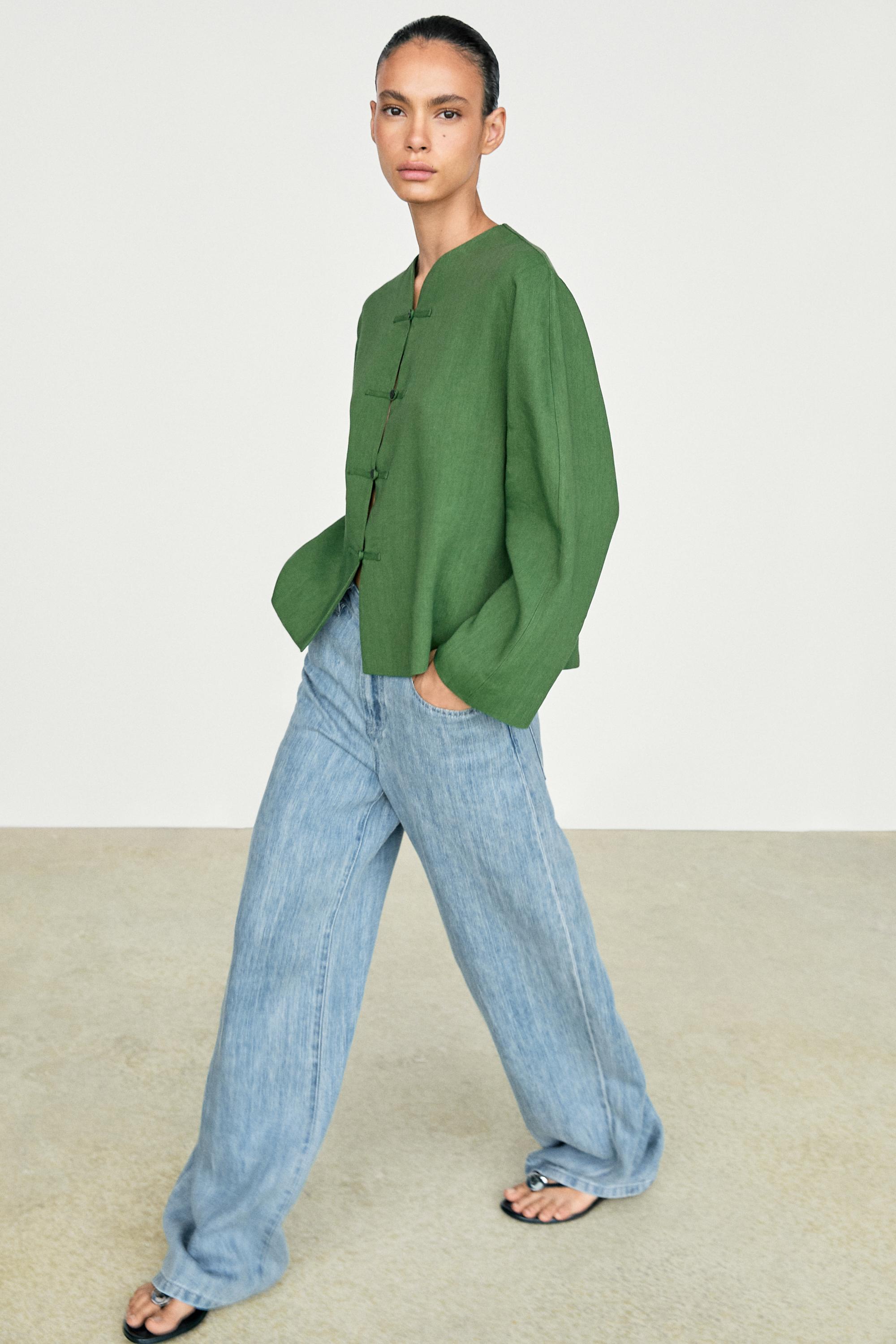 Total look flowing overshirt with button details — BLUISH GREEN