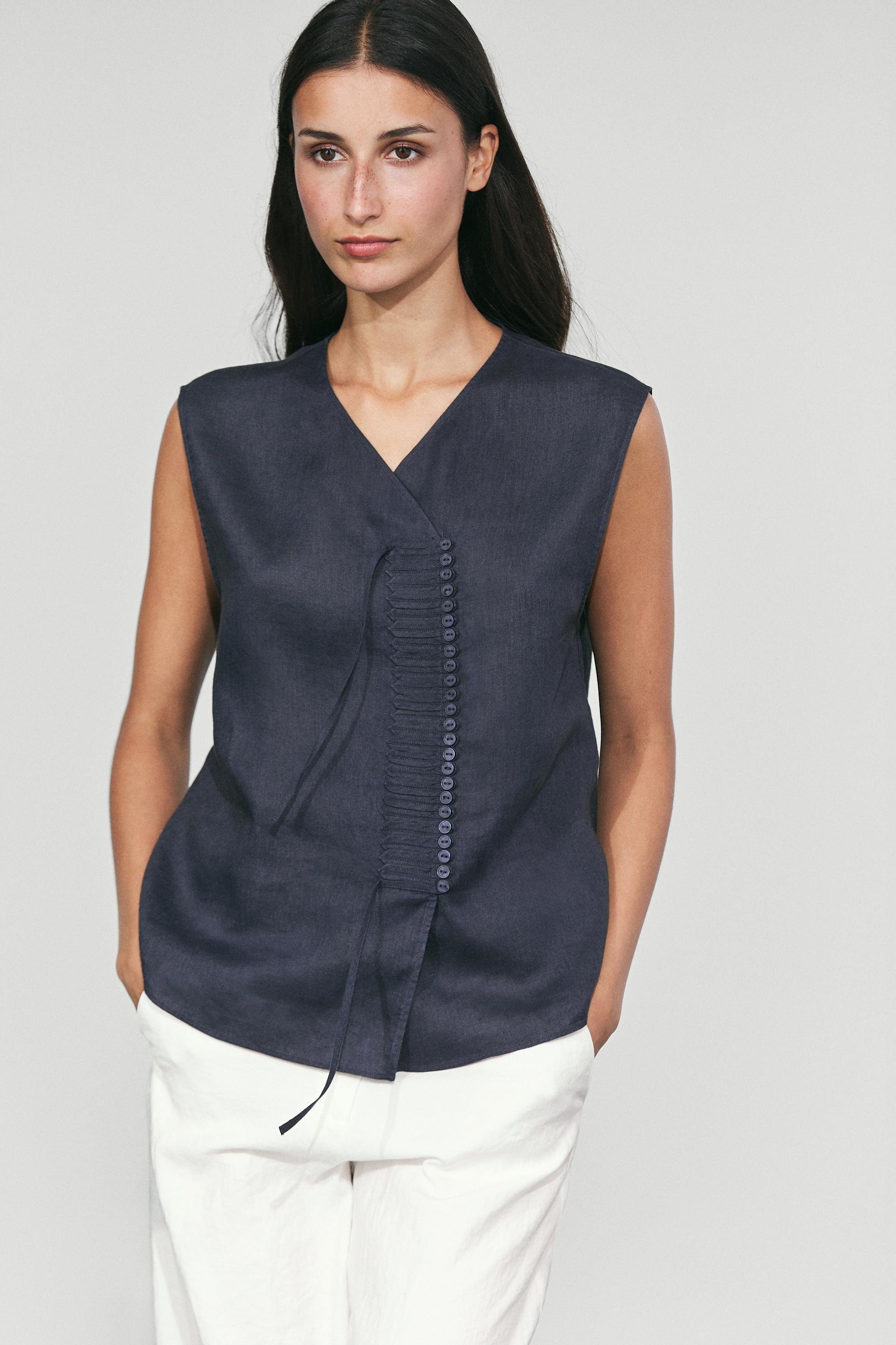 100% linen crossover top with button detail