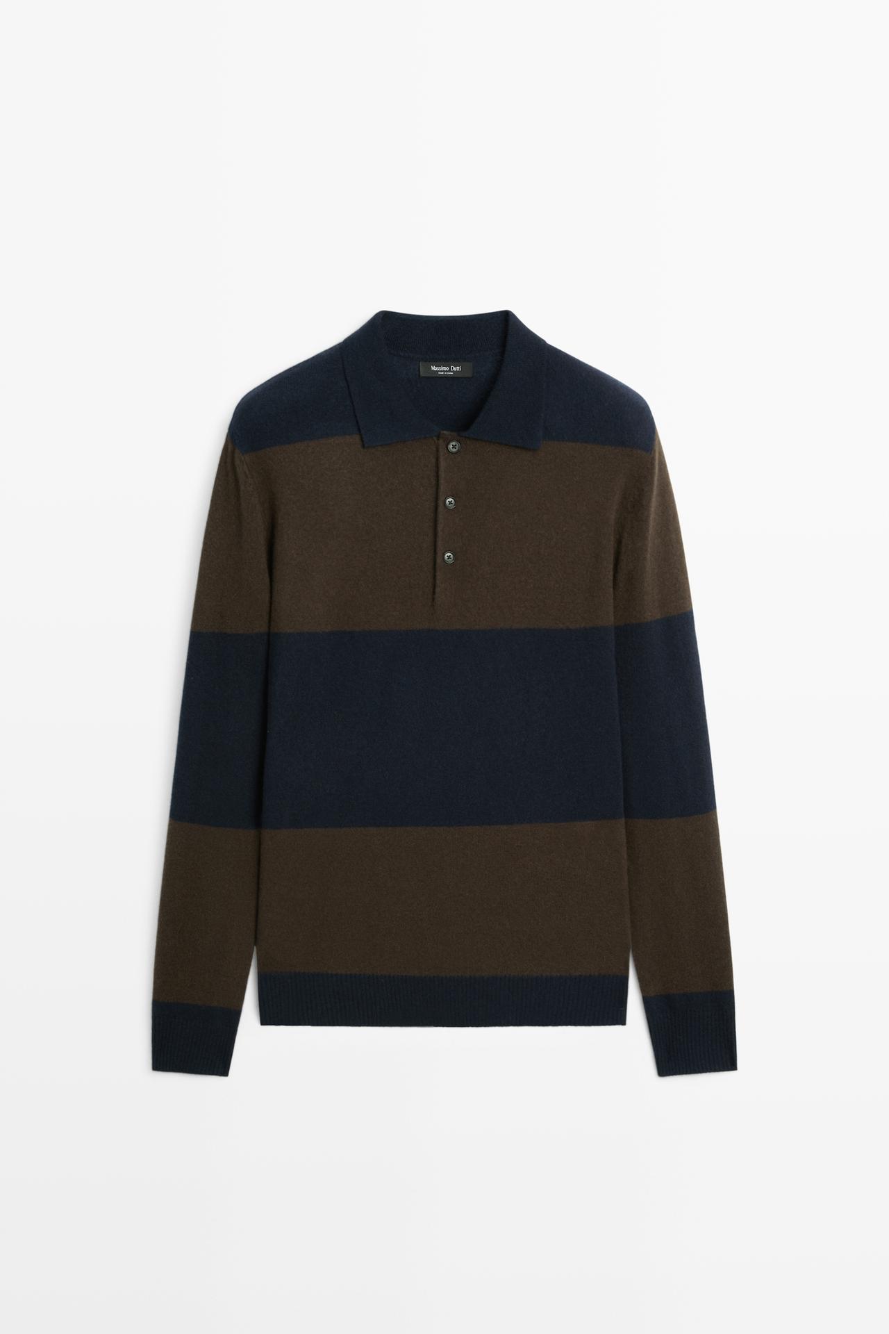 Wool-blend striped polo sweater — DEEP BLUE