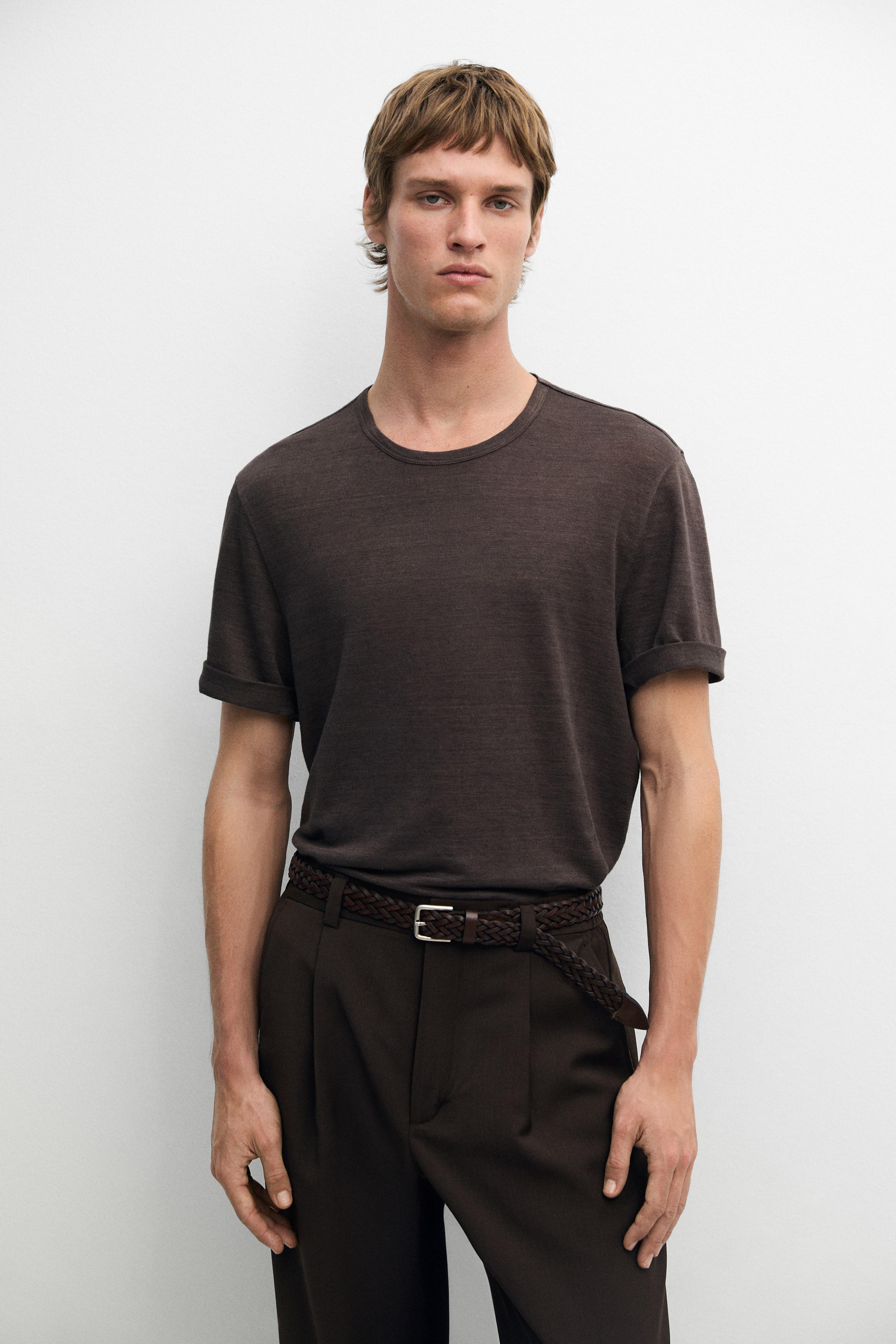 100% linen short sleeve T-shirt — BROWN