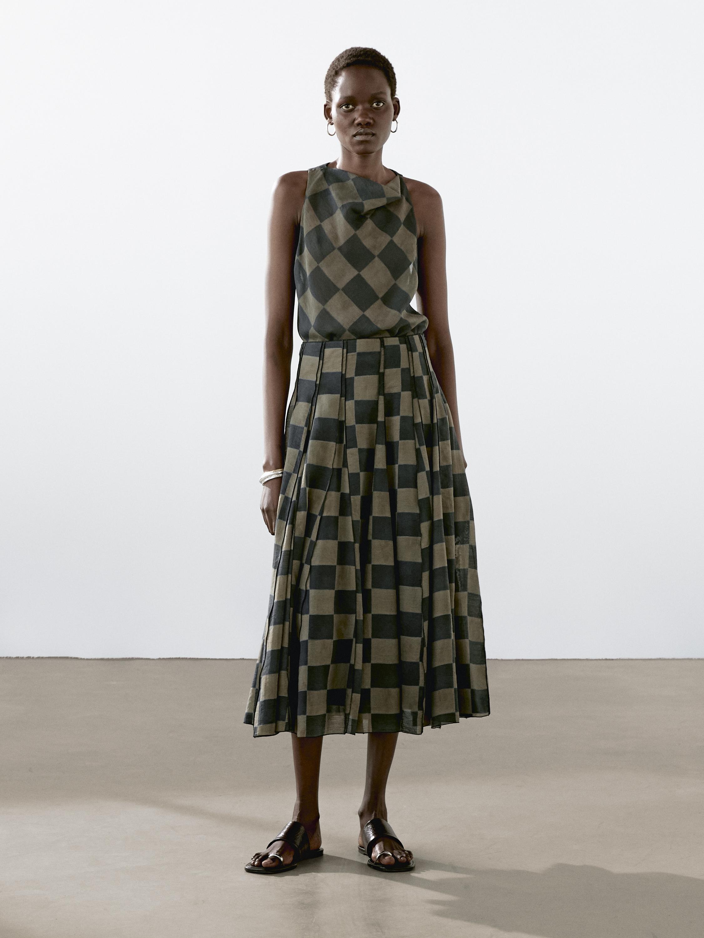 Flowing check midi skirt