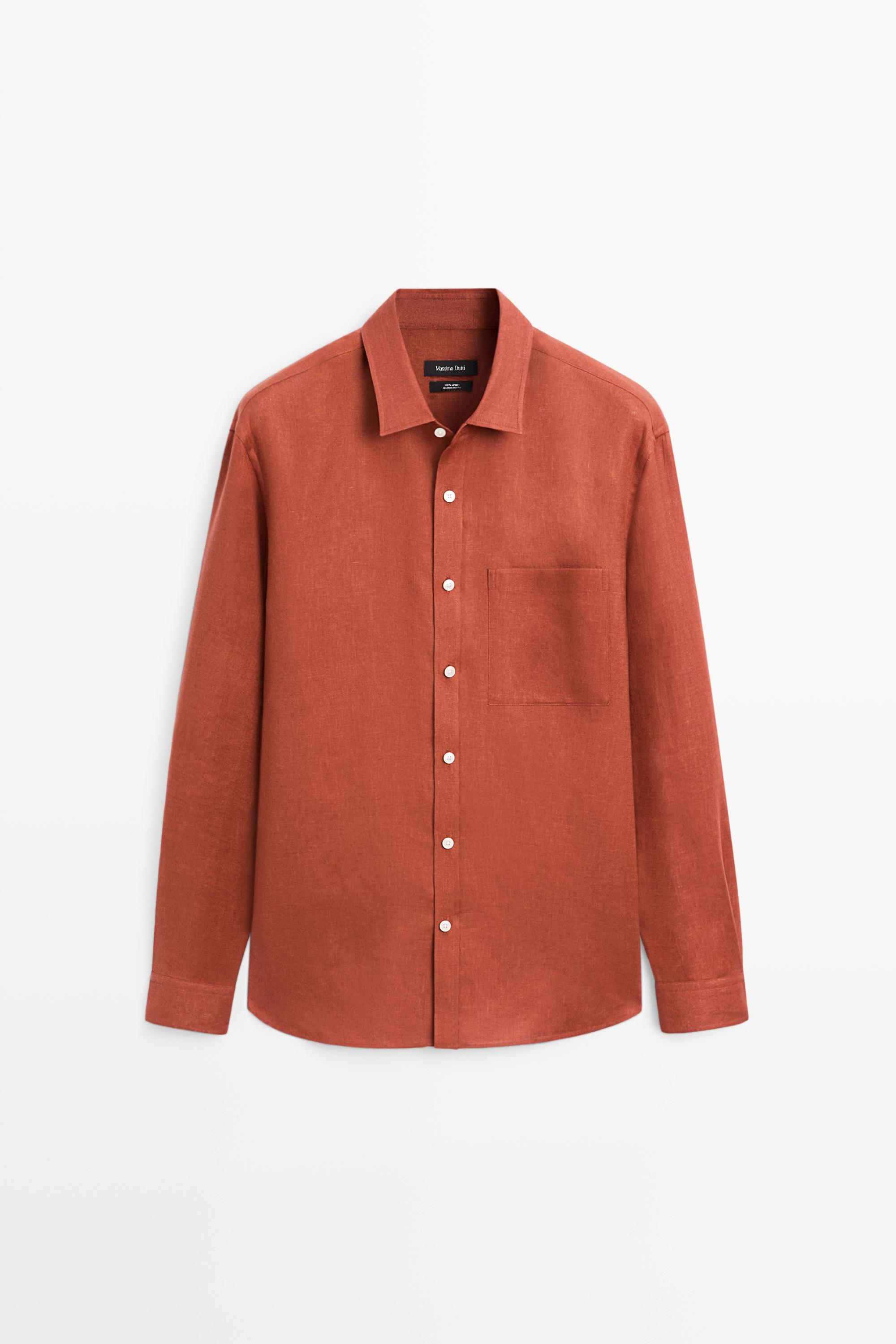 Regular fit 100% linen shirt with pocket detail