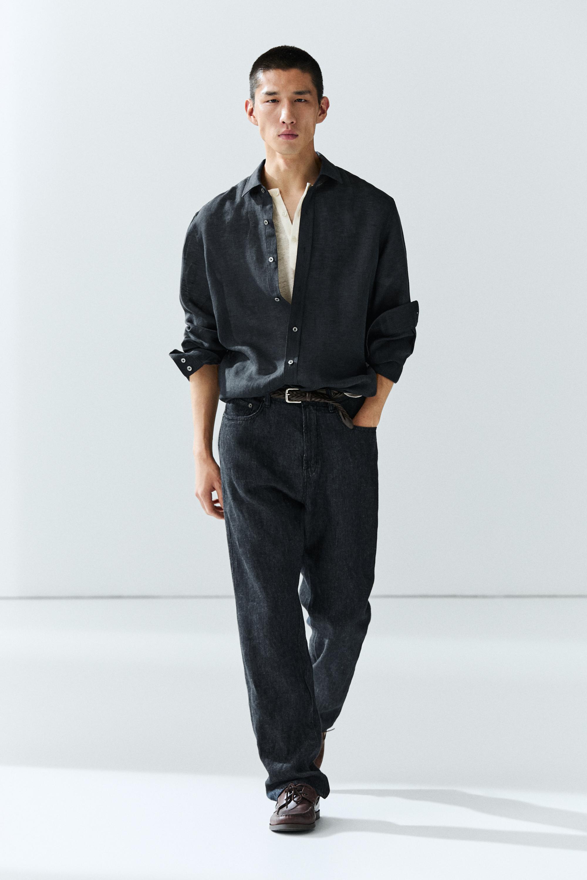 Regular fit 100% linen shirt — NAVY BLUE