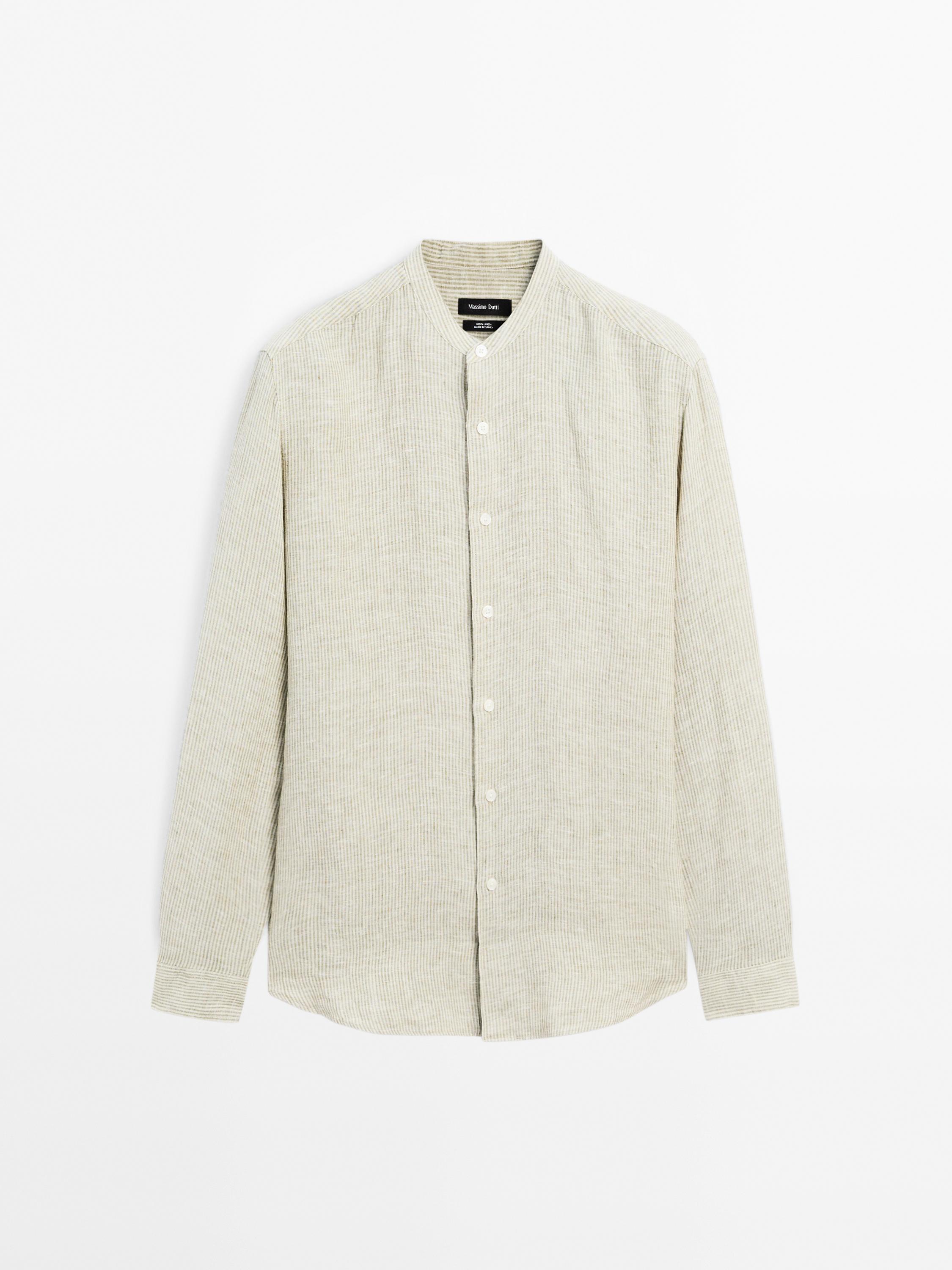 100% linen striped shirt with stand collar