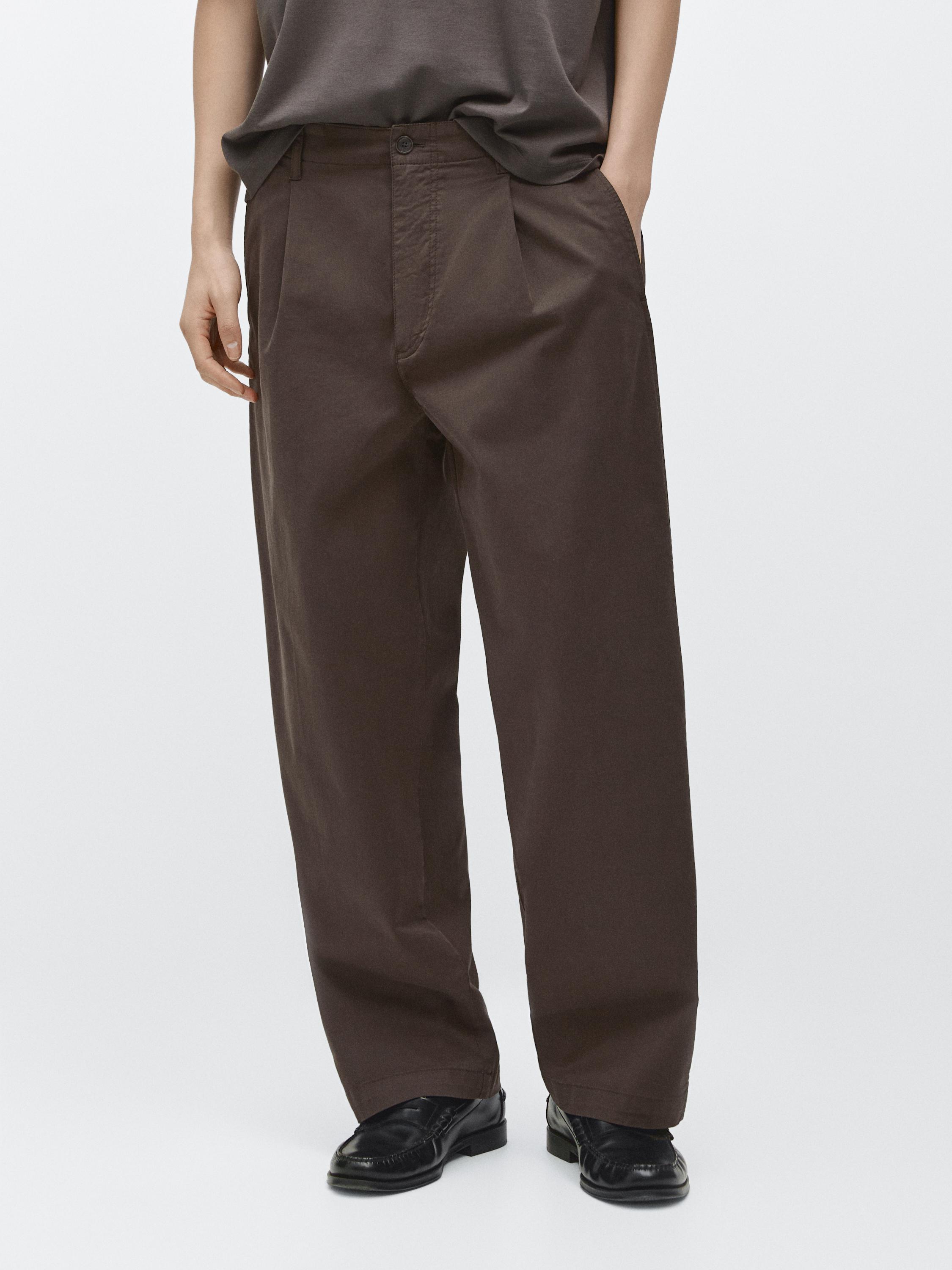 Cotton blend barrel fit trousers — BROWN