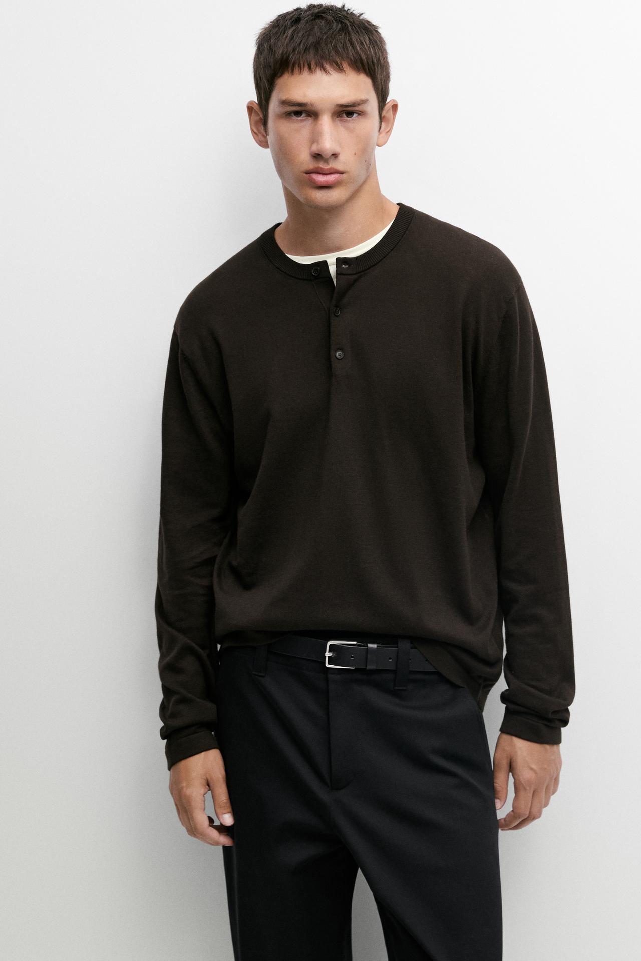 100% Cotton Henley Neck Knit Sweater — BROWN MARL