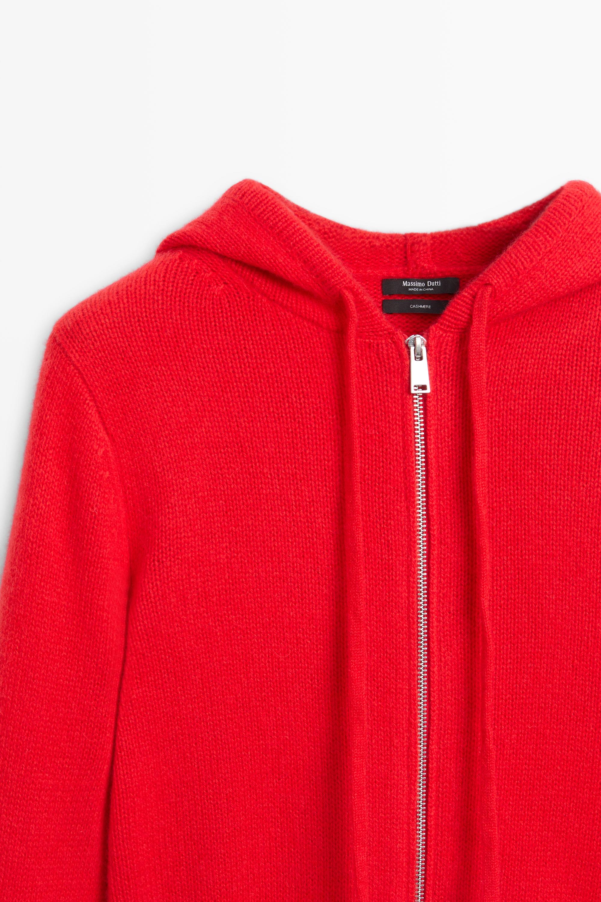 100% cashmere hooded zip-up cardigan — RED