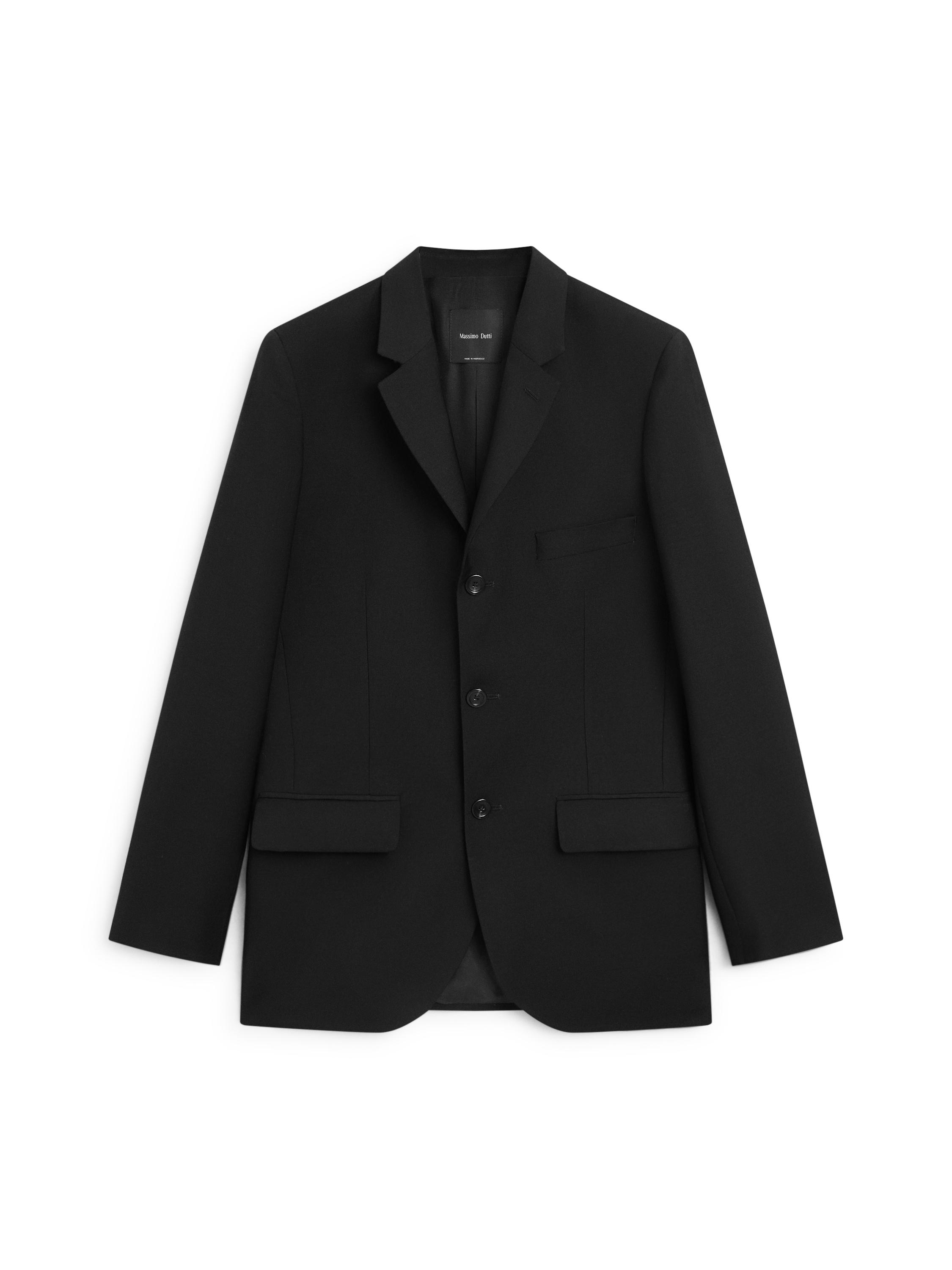 100% wool three-button blazer — BLACK