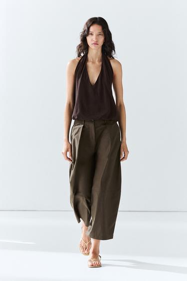 Cotton blend poplin wide-leg pants — KHAKI 1