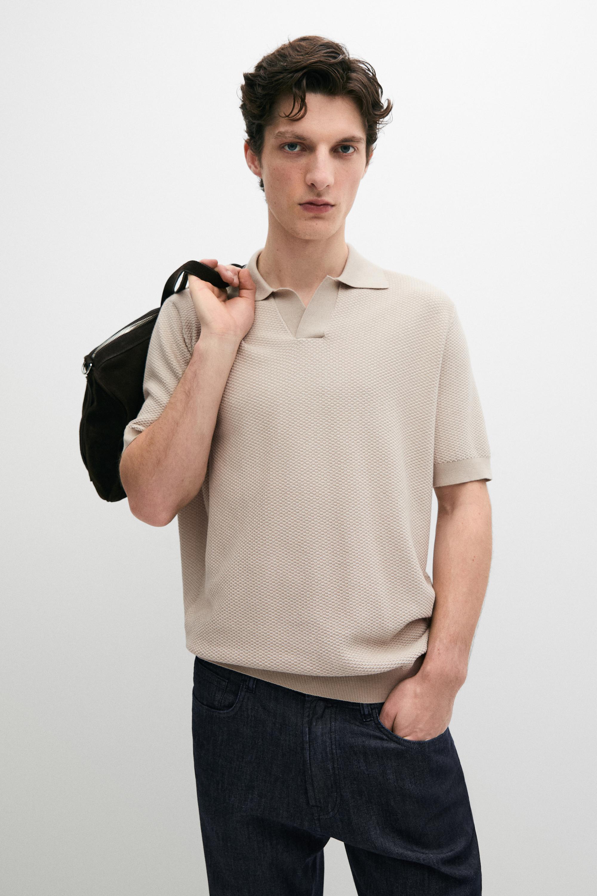 100% cotton textured knit polo sweater — BEIGE