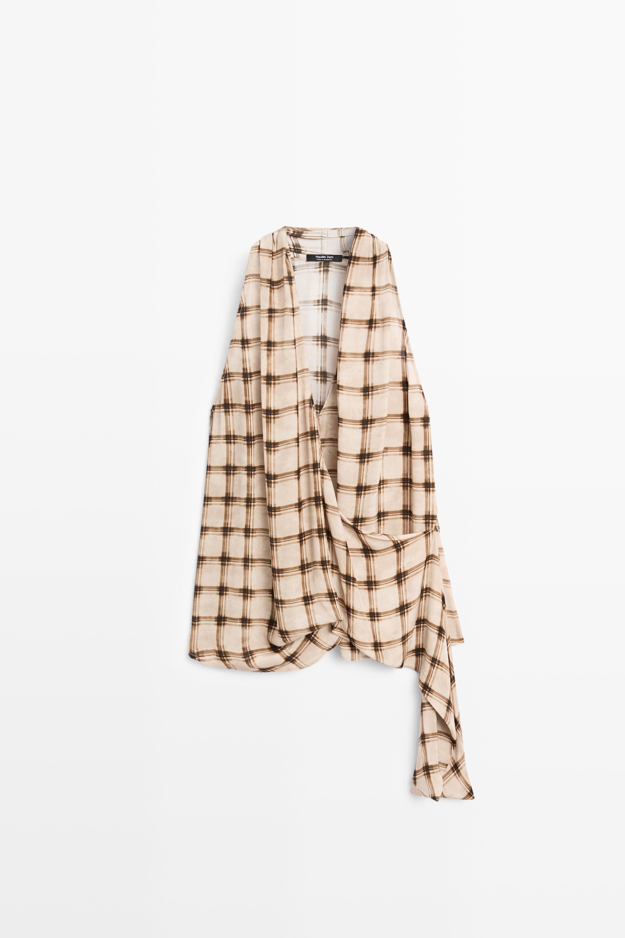 Flowing check print surplice top — BROWN