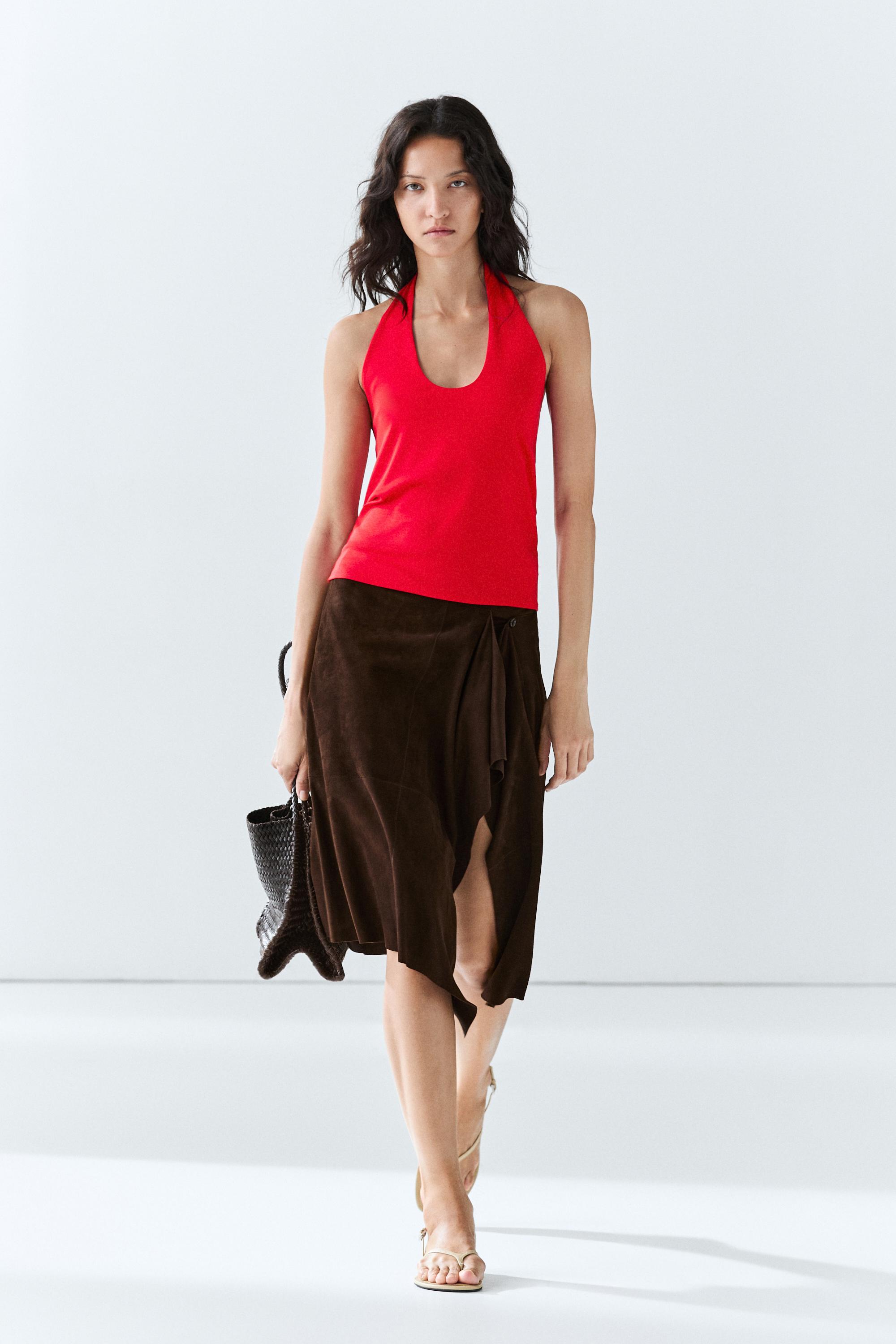 Suede leather midi skirt with ruffle detail — BROWN