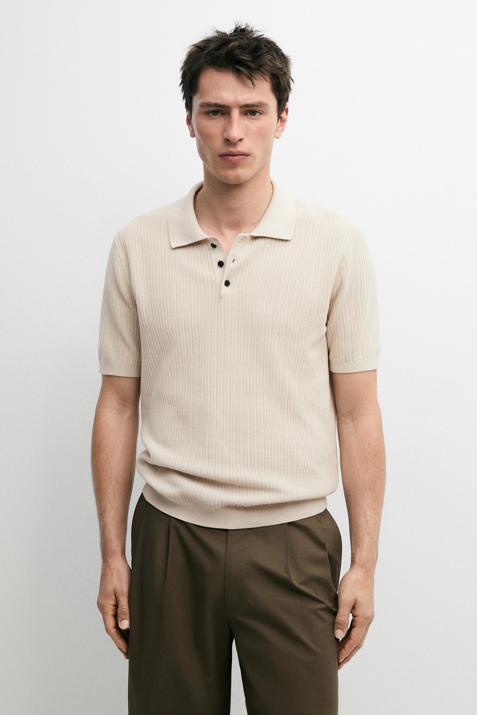 100% cotton textured knit polo sweater — BEIGE