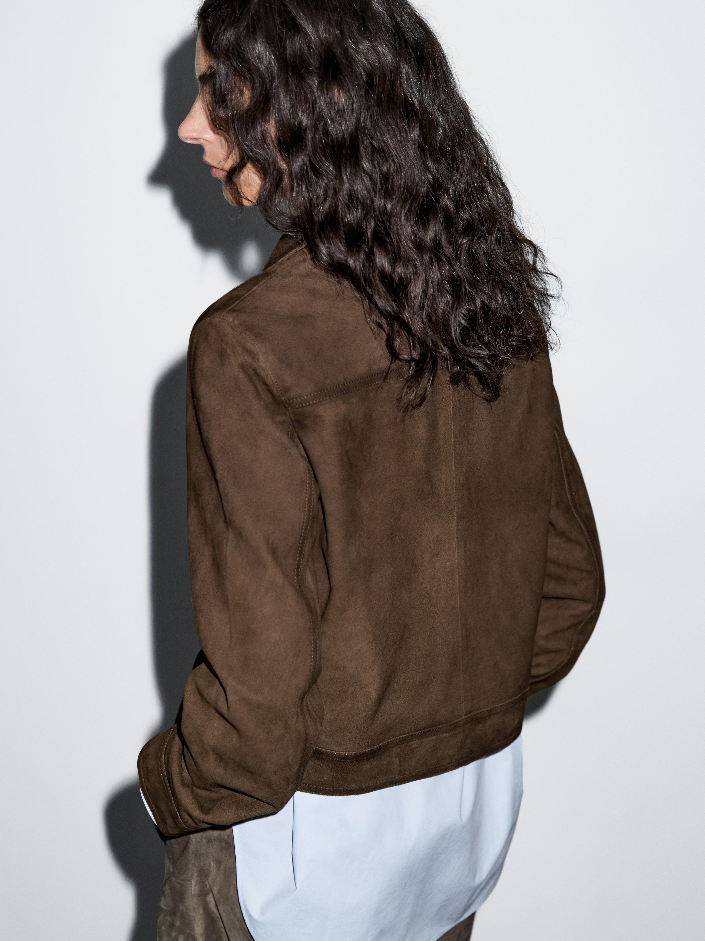 Cropped suede leather-lined jacket with buttons