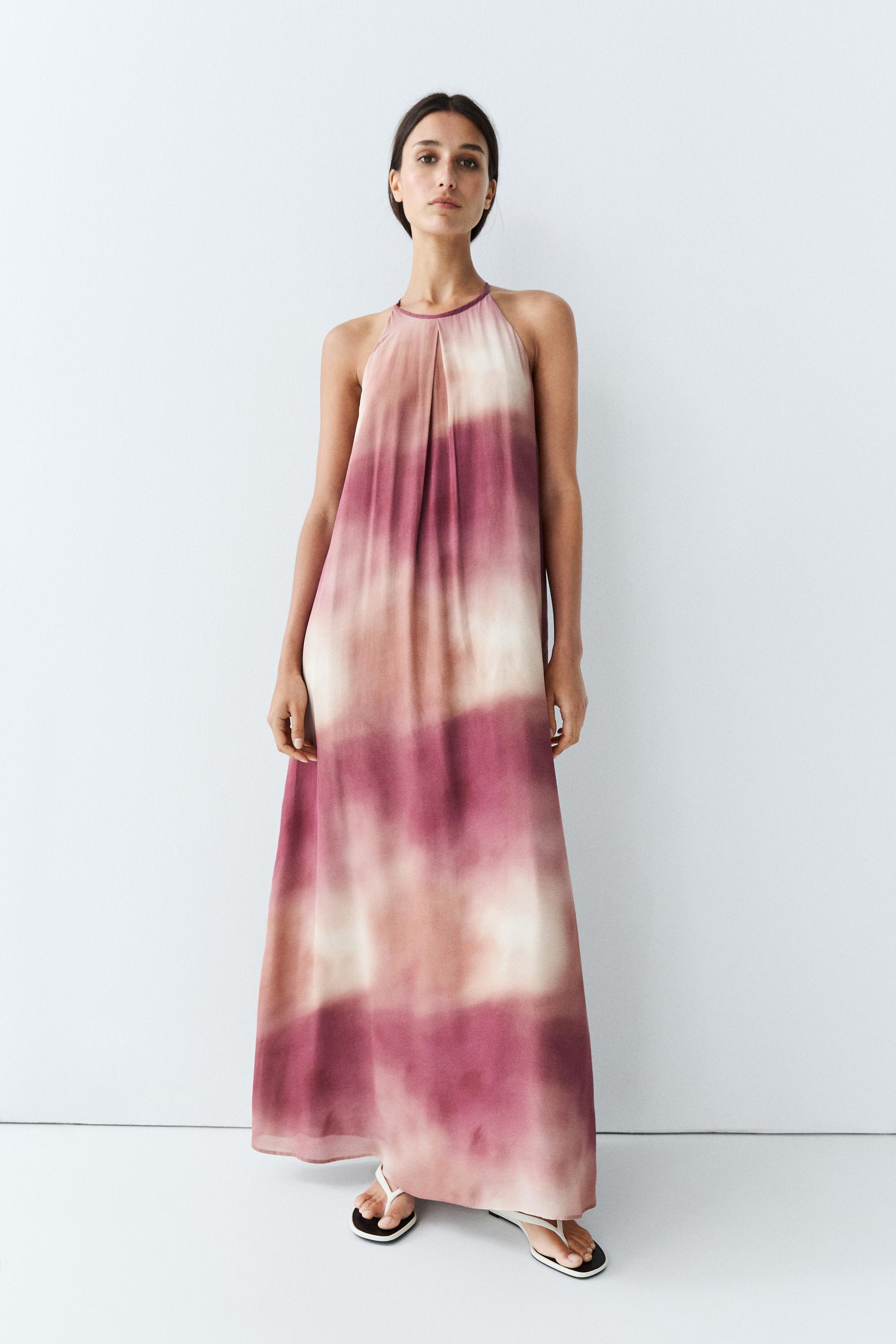Printed tie-dye flowing halter maxi dress — PINK