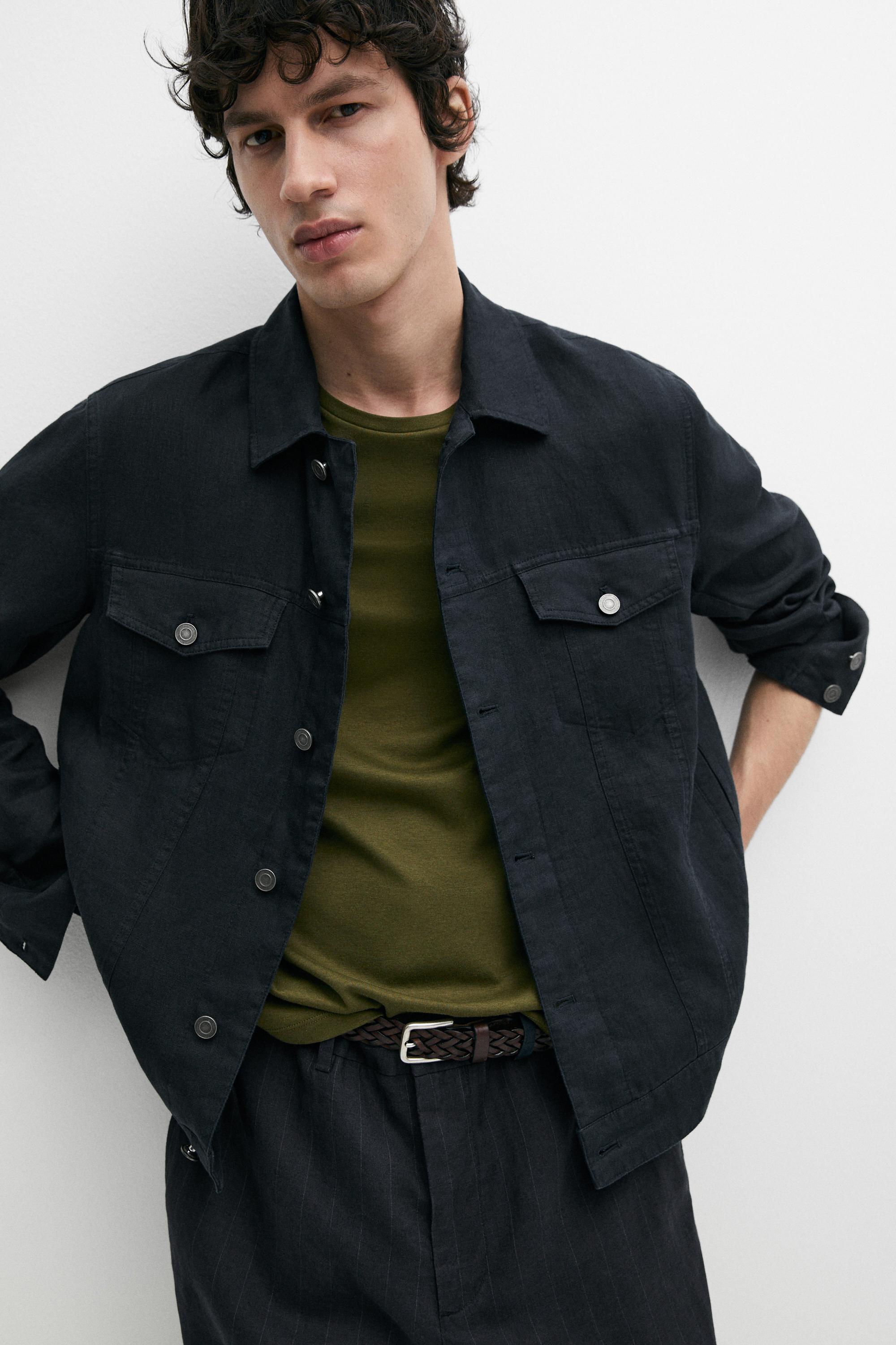 100% linen trucker jacket — NAVY BLUE