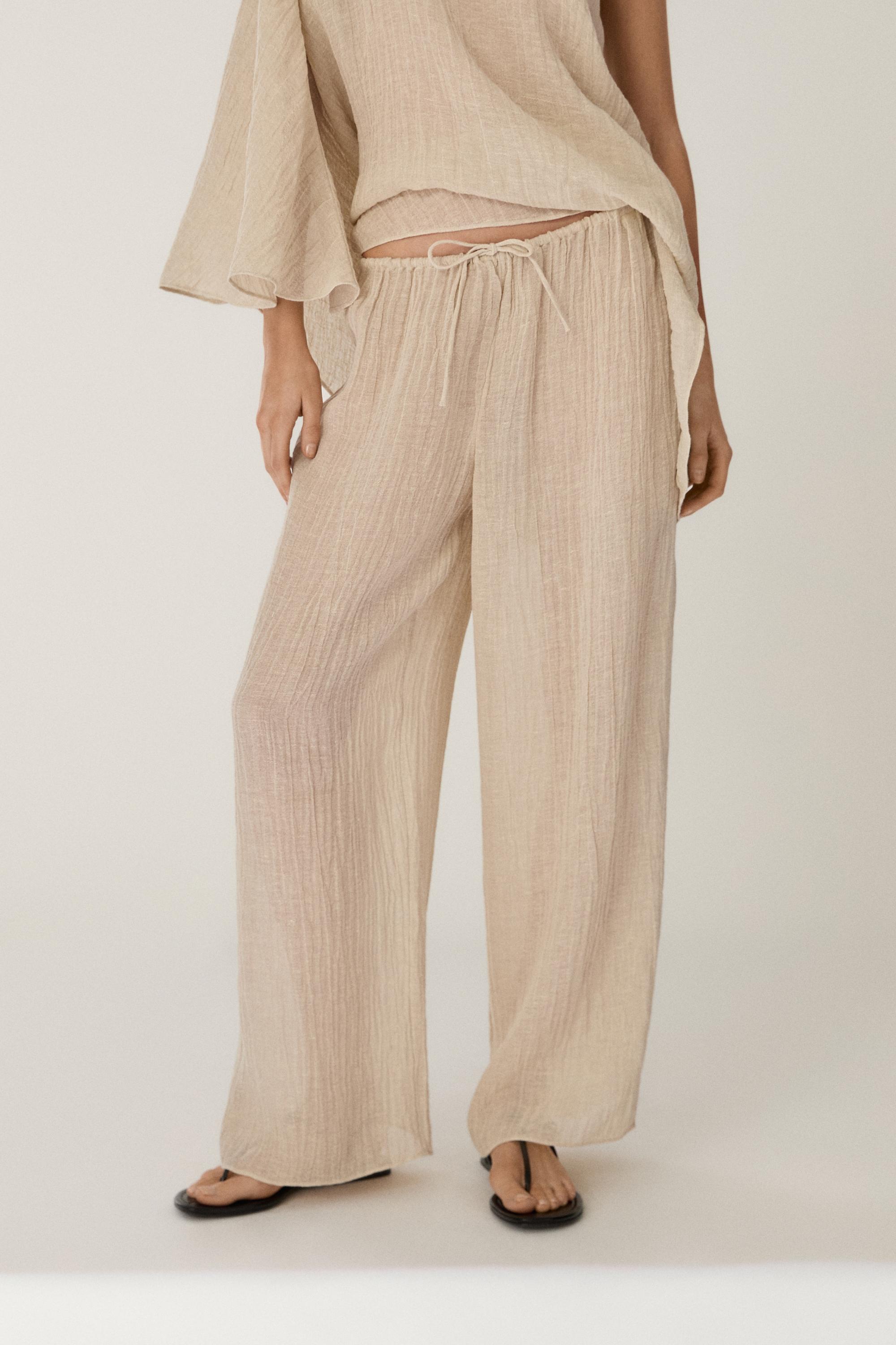 Total look flowing waffle-knit linen blend trousers — BEIGE MARL