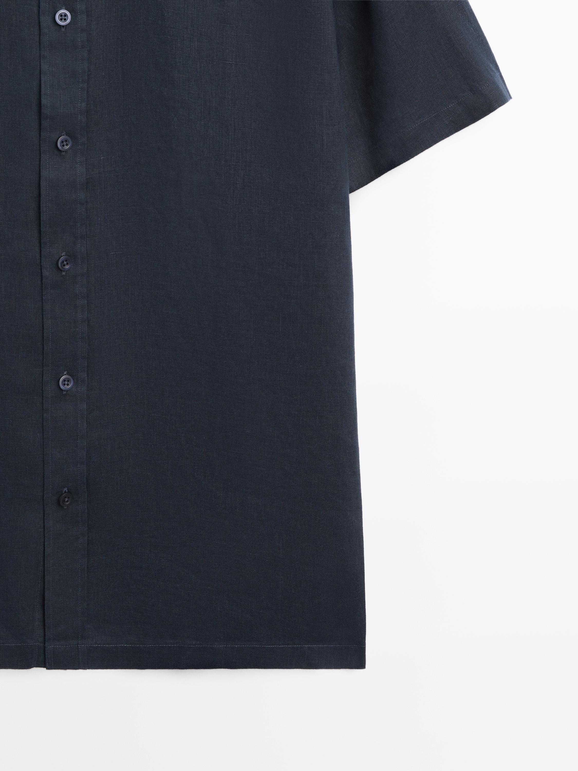 100% linen regular fit short sleeve shirt — NAVY BLUE