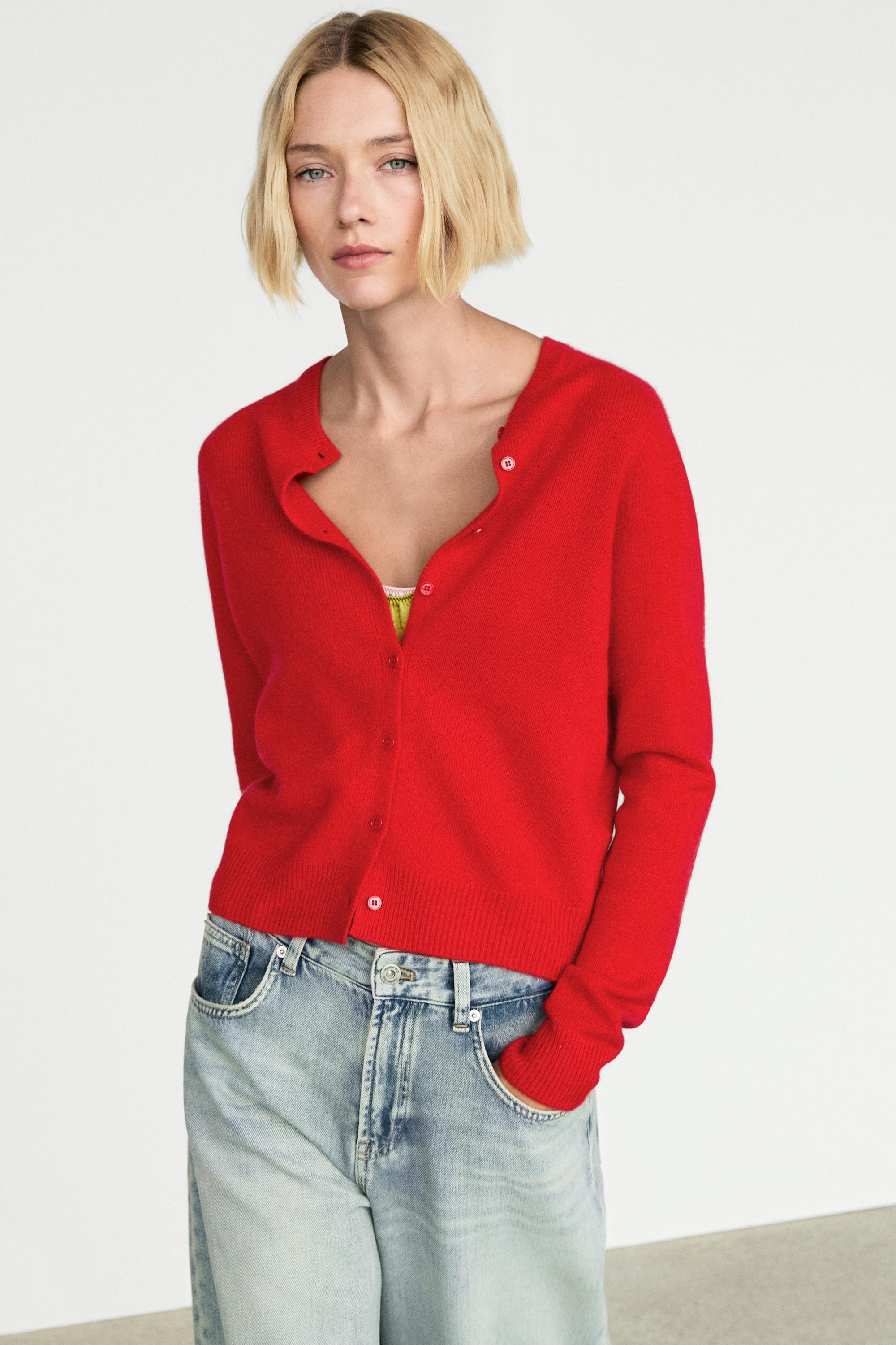 100% cashmere cropped knit cardigan — RED