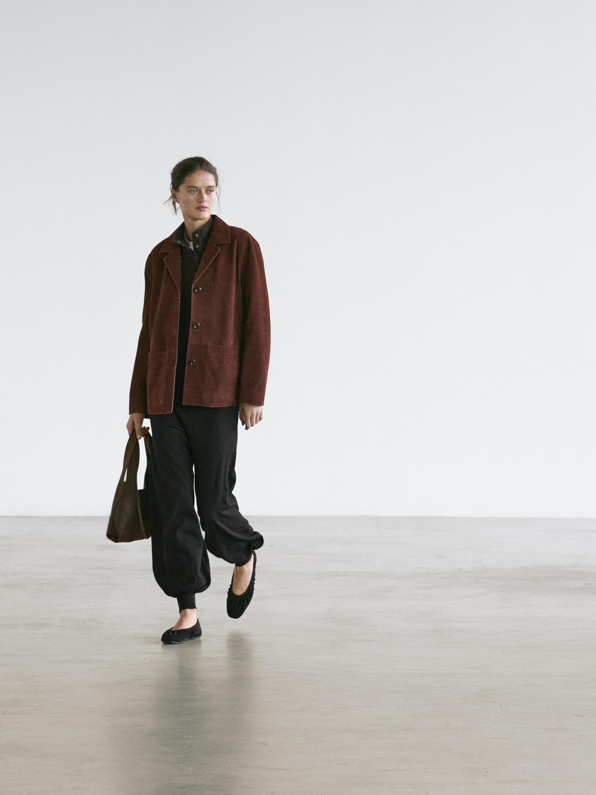 Blazer À Revers En Cuir Nubuck - Bordeaux - S - Massimo Dutti - Femme