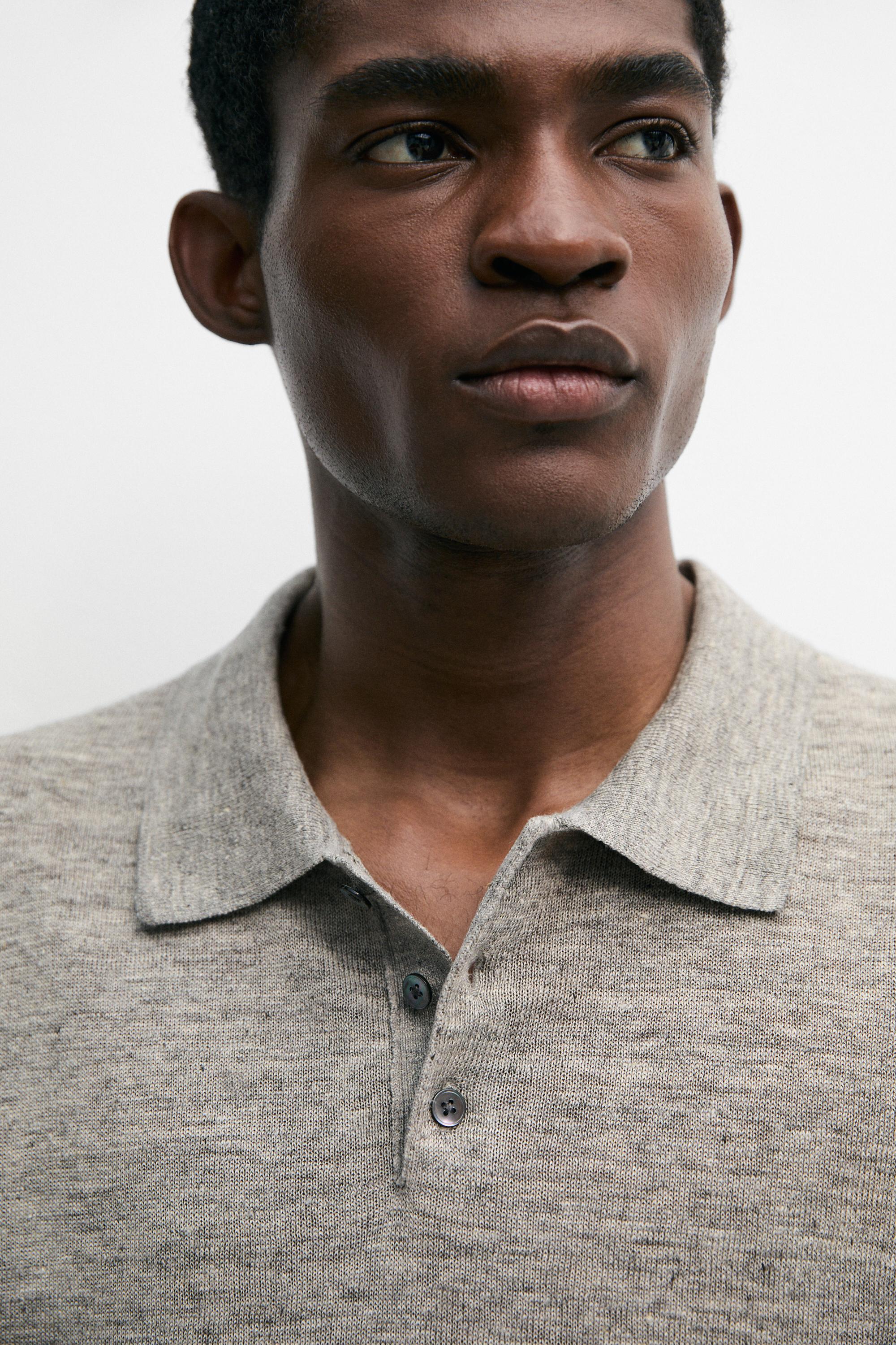 100% linen melange polo shirt — GREY MARL