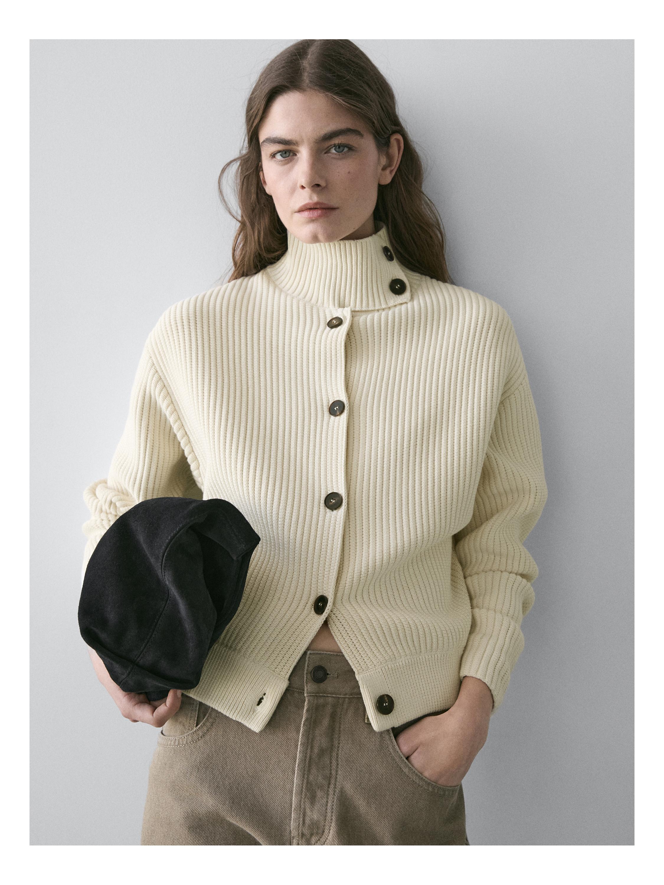 100% cotton turtleneck knit cardigan — CREAM