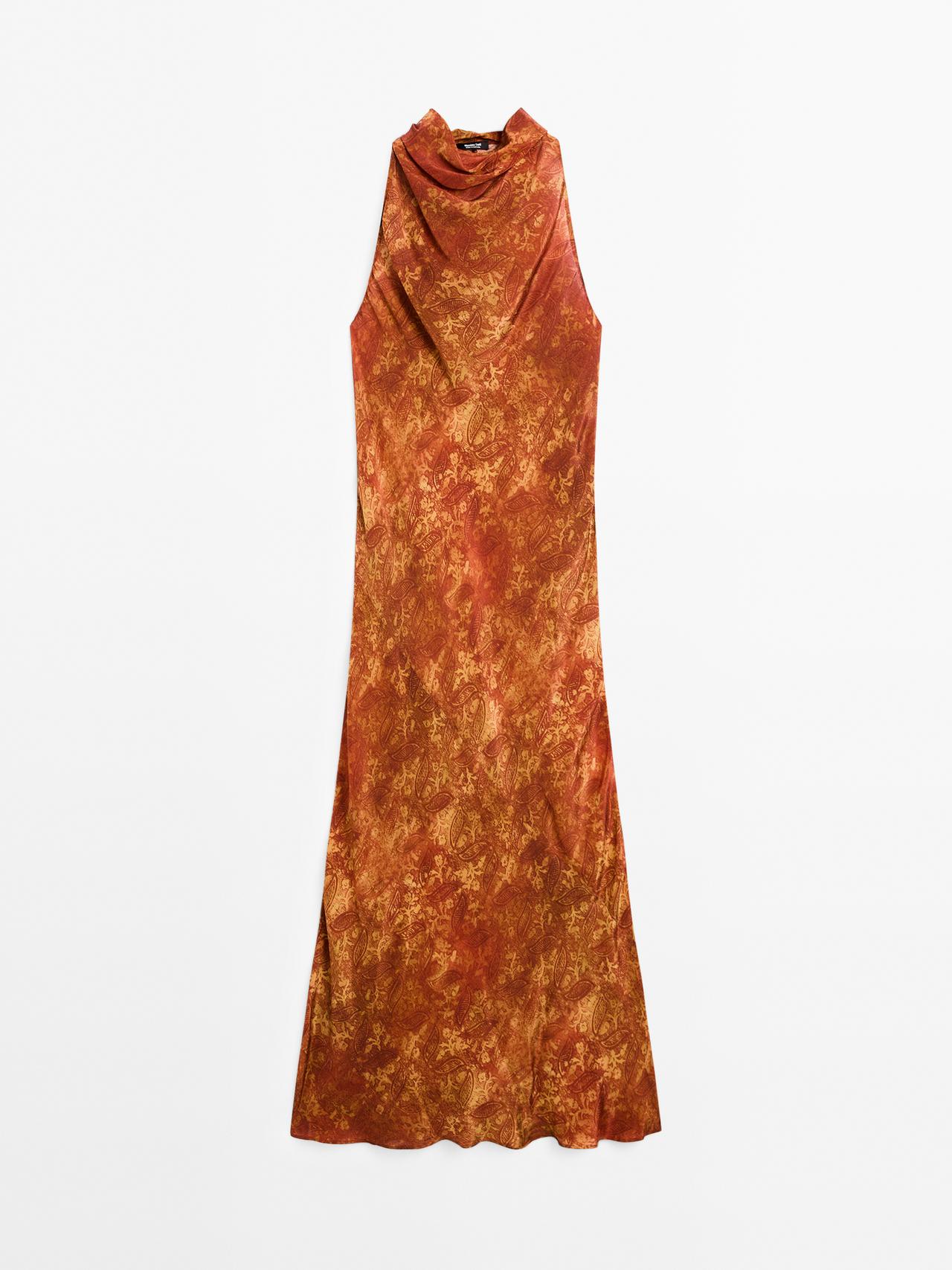 Massimo Dutti - Dame - Lang Mønstret Kjole Loose Fit - Orange - M