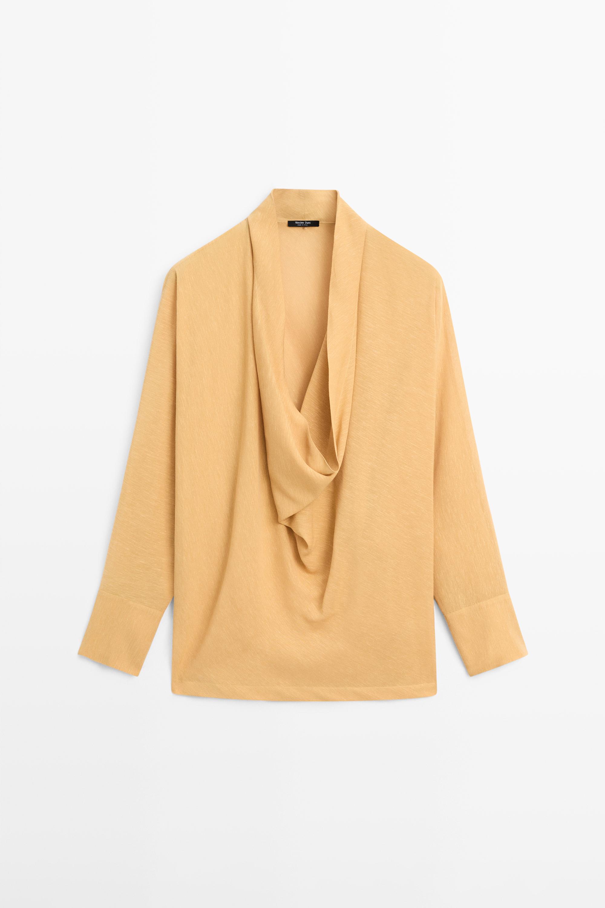 Flowing blouse with draped neckline — MUSTARD YELLOW