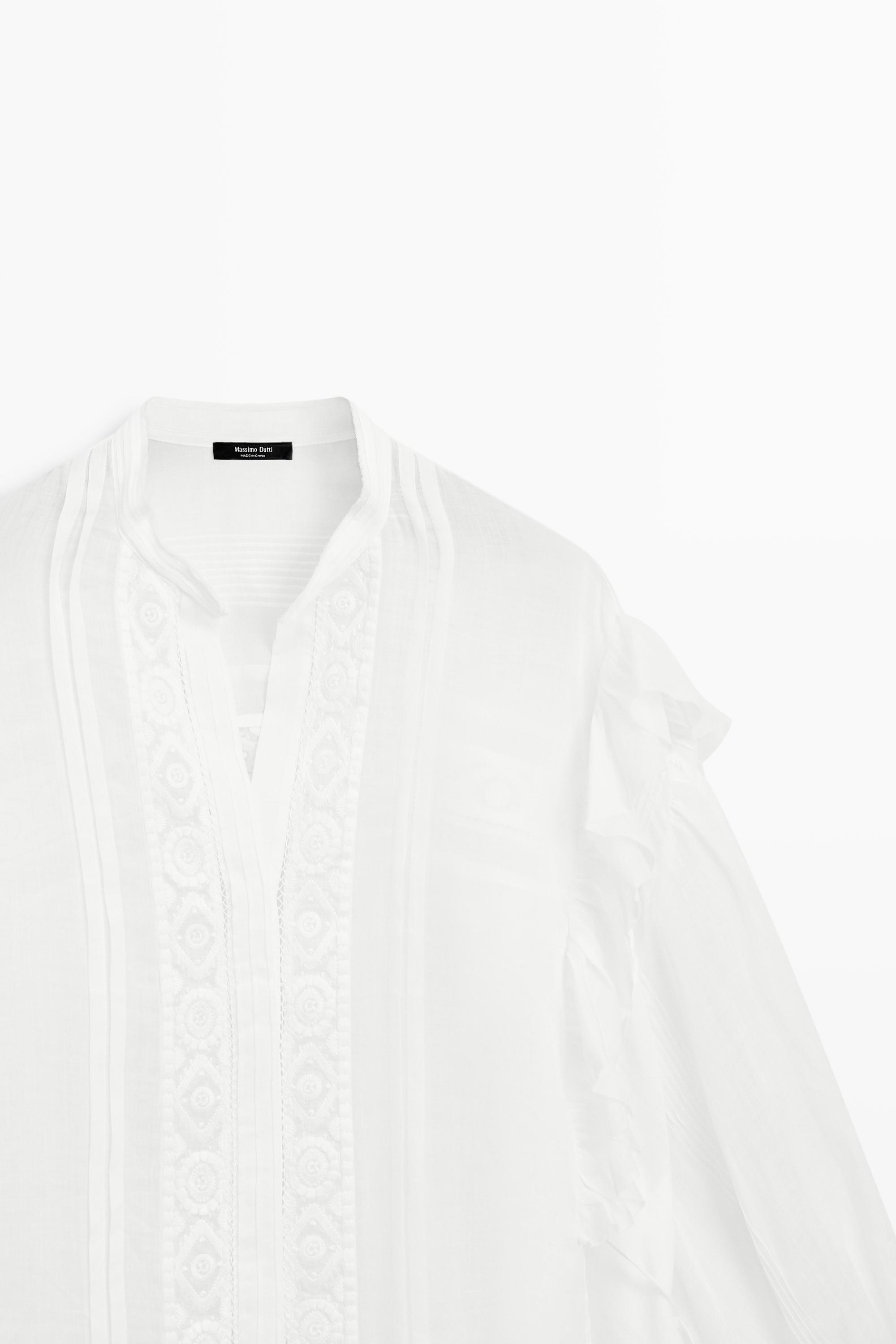 Stand collar blouse with embroidery and ruffles — WHITE