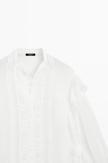 Stand collar blouse with embroidery and ruffles — WHITE 4