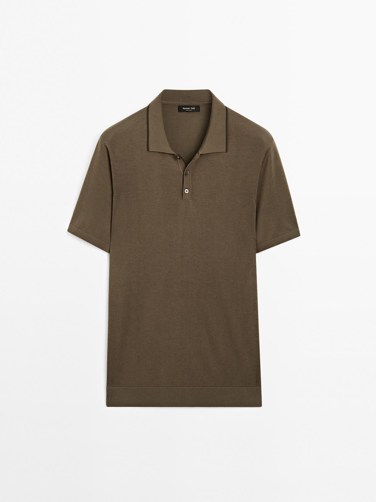 Massimo Dutti - Herre - Poloshirt I Strik Med Farvet Krave - Beige - Xl