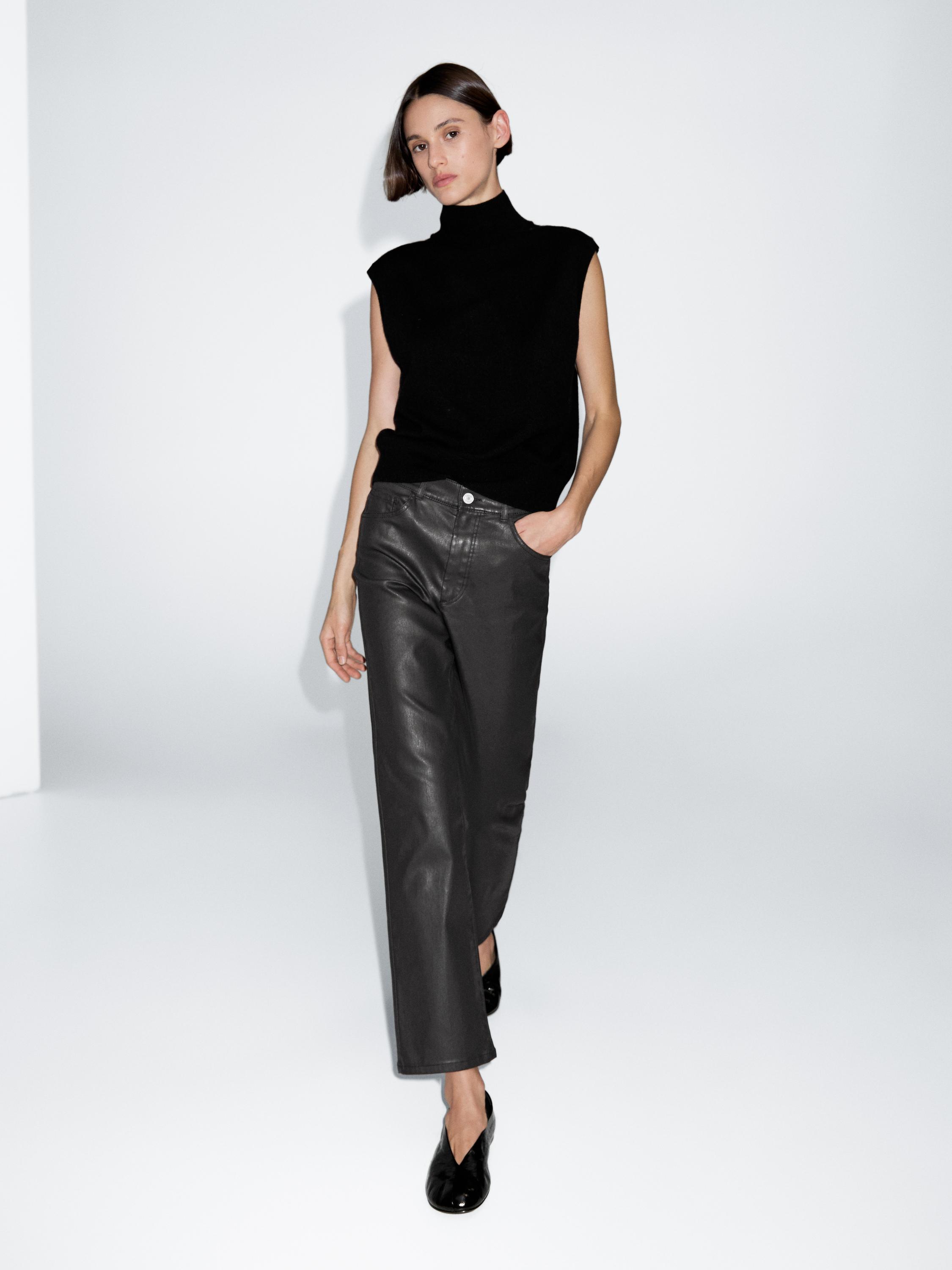 High-waist straight-leg waxed trousers — BLACK