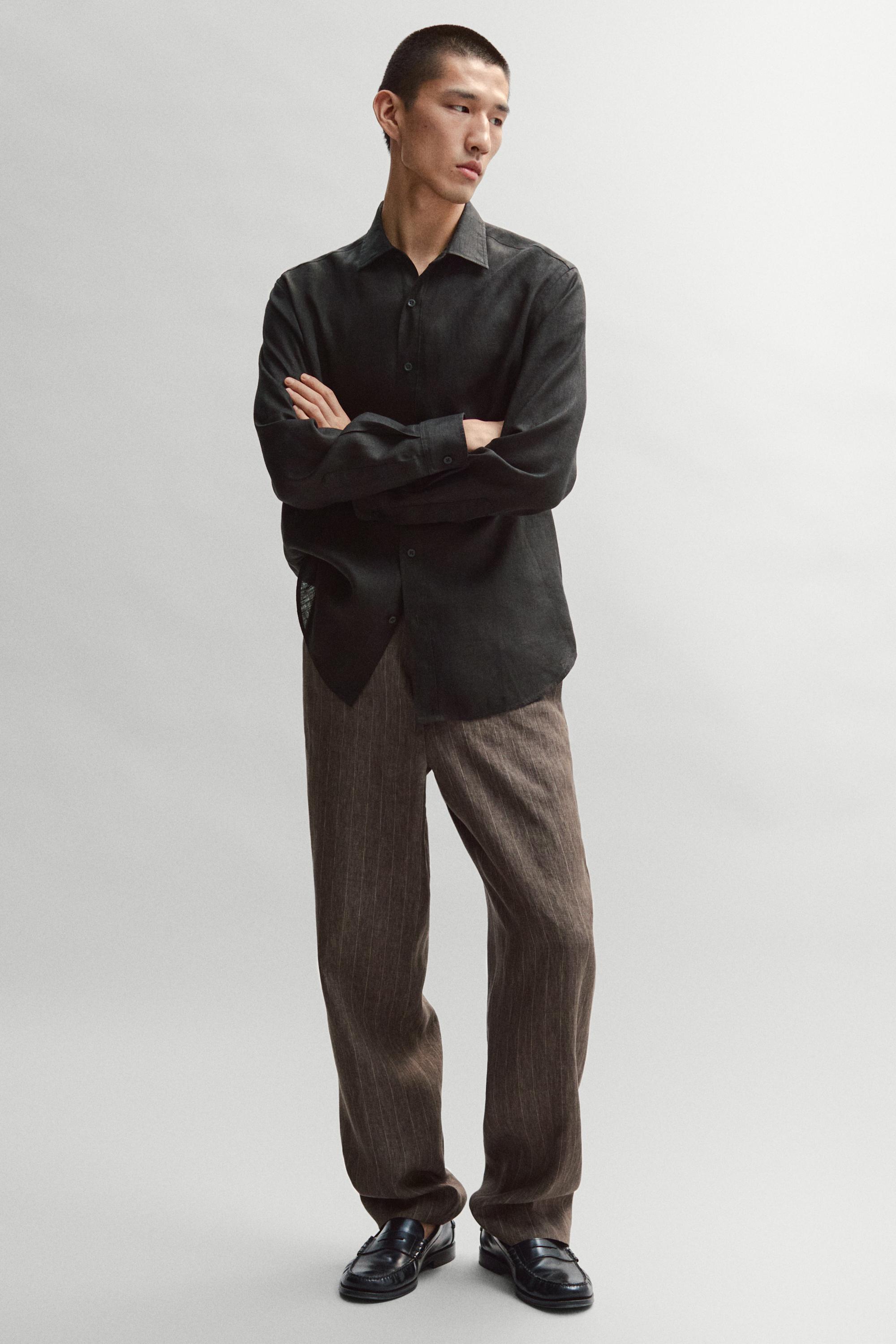 100% linen slim fit shirt — BLACK