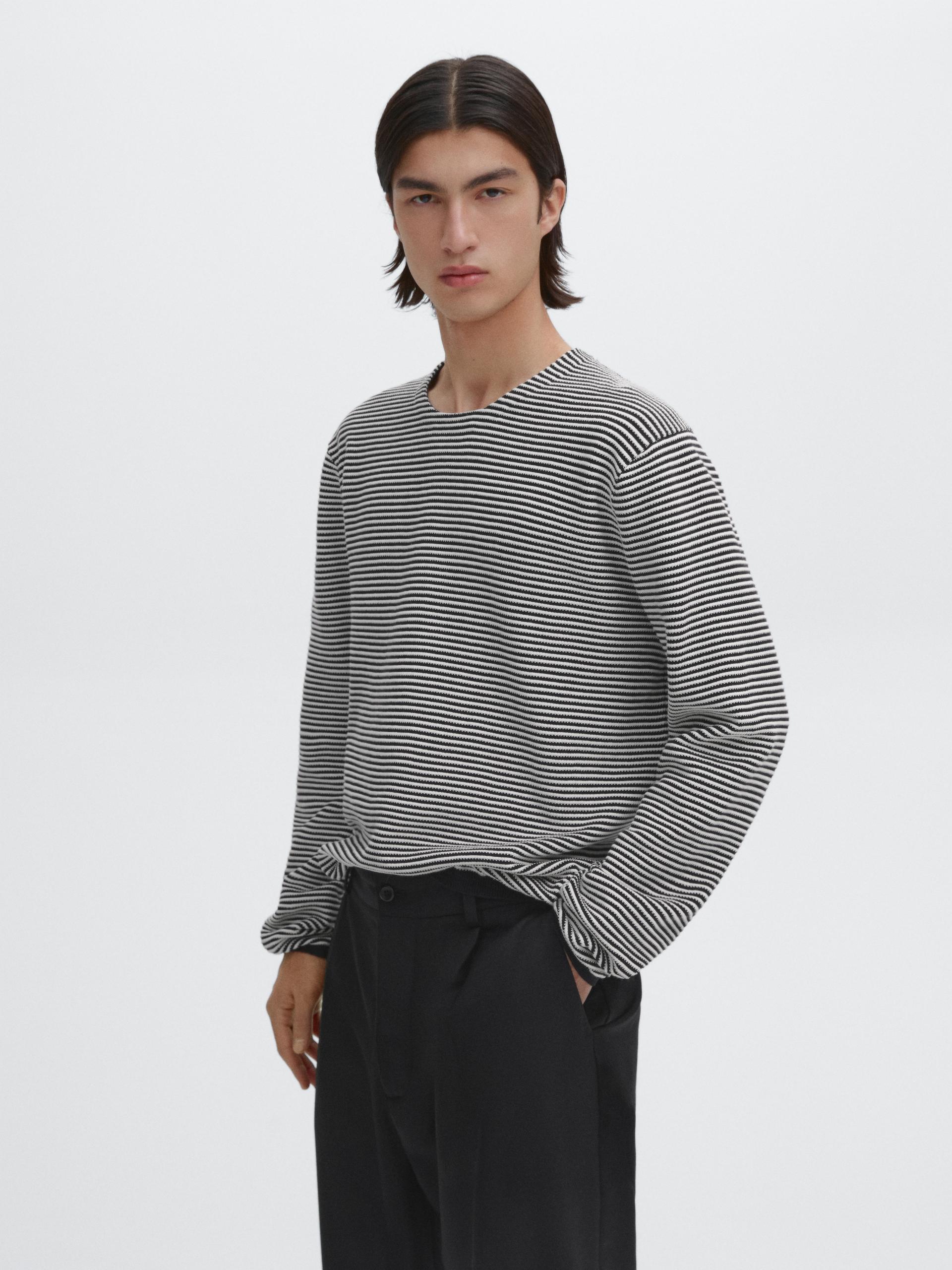 Pull En Maille À Rayures 100 % Coton - Bleu Marine - M - Massimo Dutti - Homme