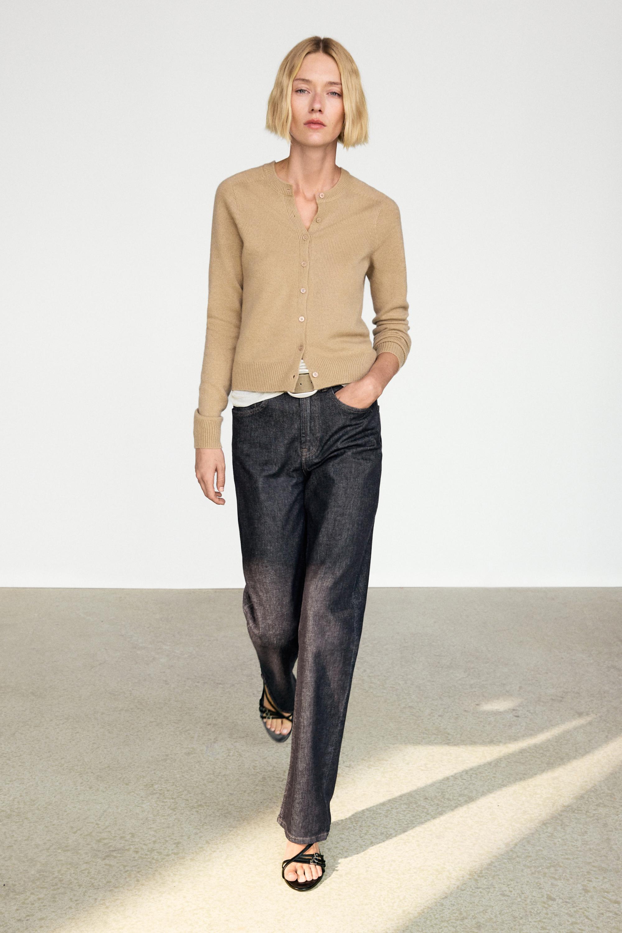 100% cashmere cropped knit cardigan — CAMEL