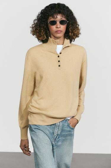 High neck knit sweater with button detail — CAMEL 3