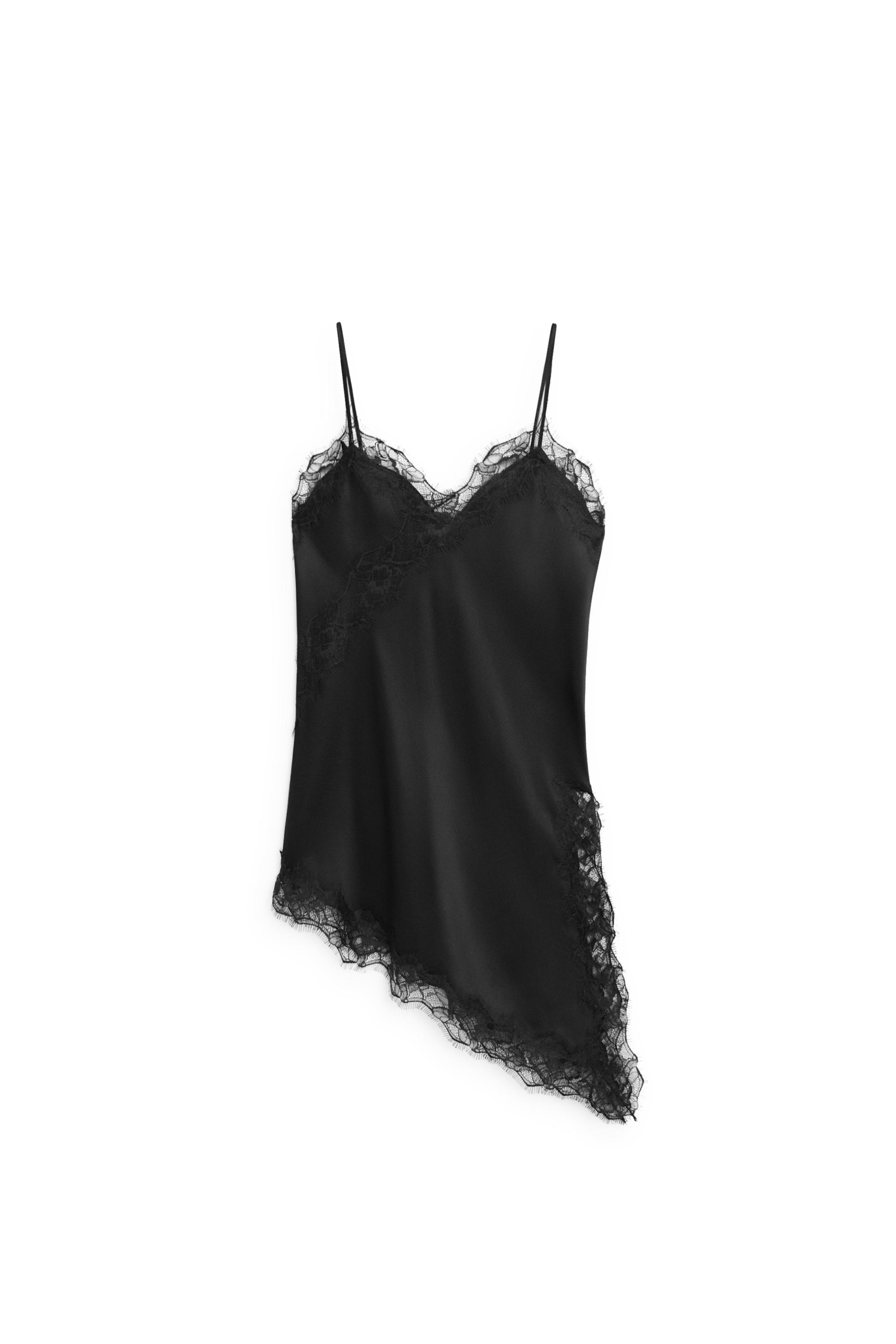 Asymmetric thin strap camisole top — BLACK