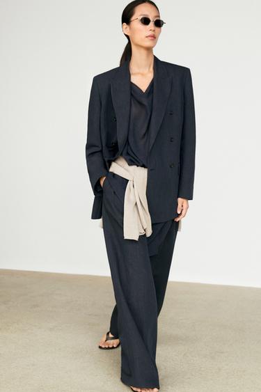 Double-breasted melange linen blazer — NAVY BLUE 5