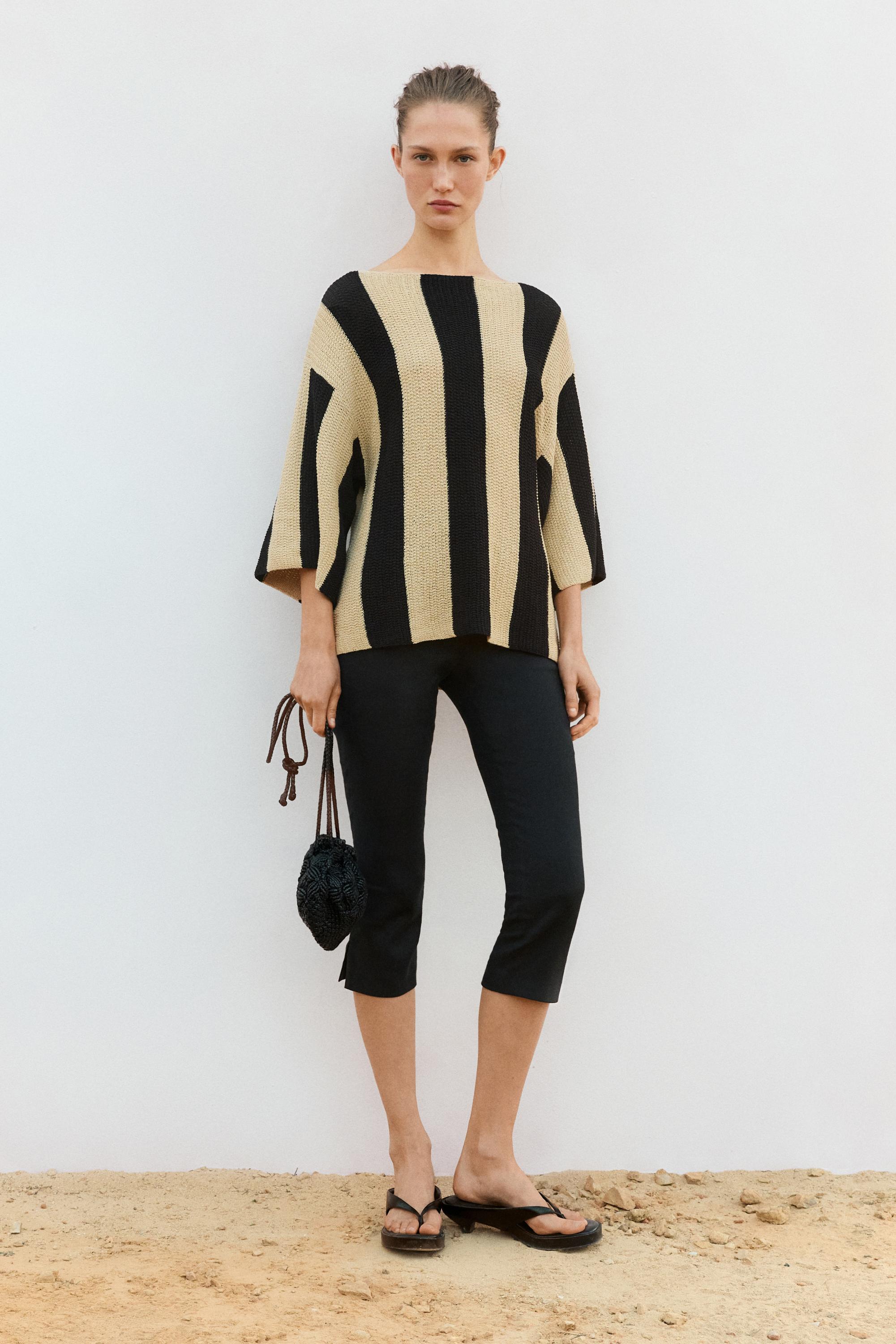 Striped cotton blend knit sweater — BLACK
