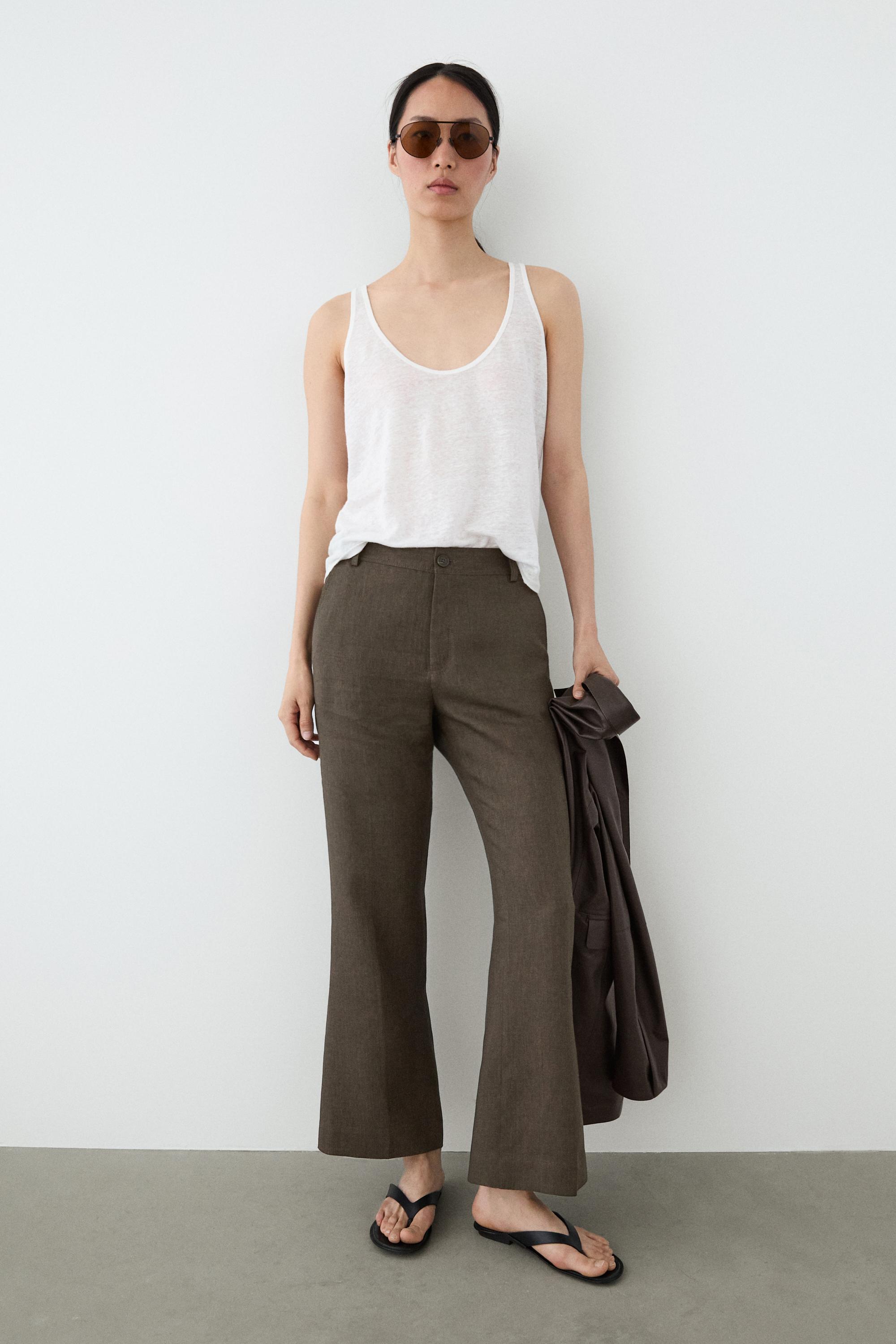 Kick flare cropped linen trousers — GREEN MARL